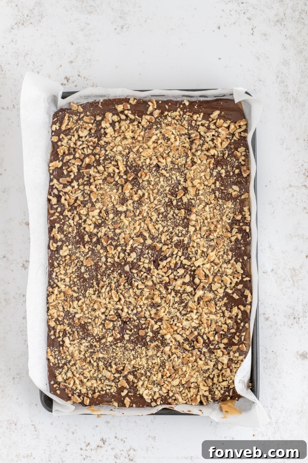 English Toffee in a baking sheet on table 