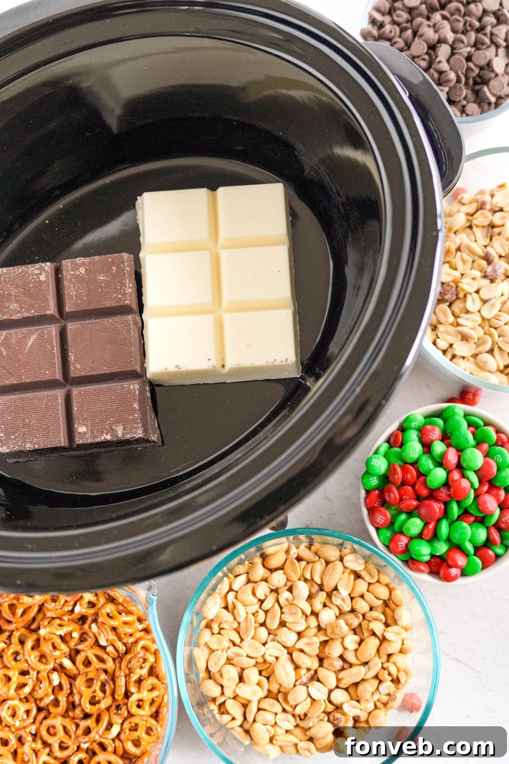 Sweet and Salty Slow Cooker Holiday Clusters 6 cubes of chocolate