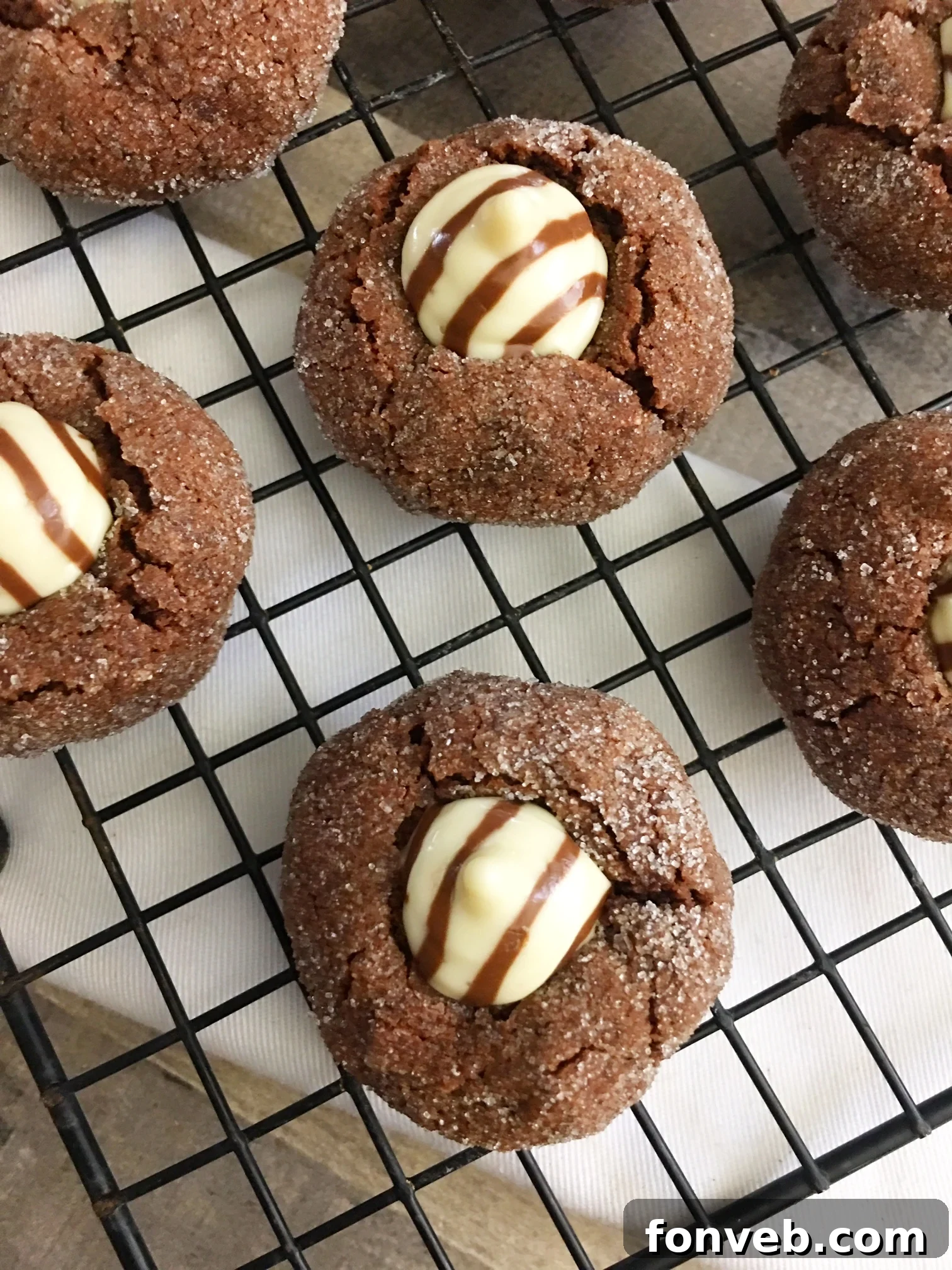A festive plate of freshly baked Hershey's Hugs Blossom Cookies, showcasing their rich chocolate base and creamy white chocolate swirl, ready for holiday celebrations.