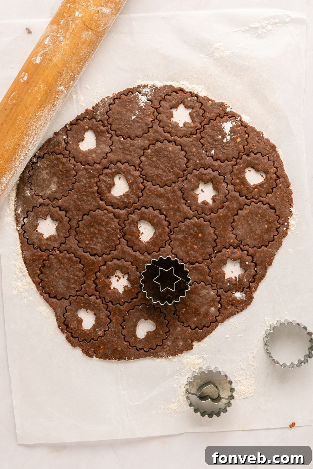 rolled cookie dough with Chocolate Linzer Cookies