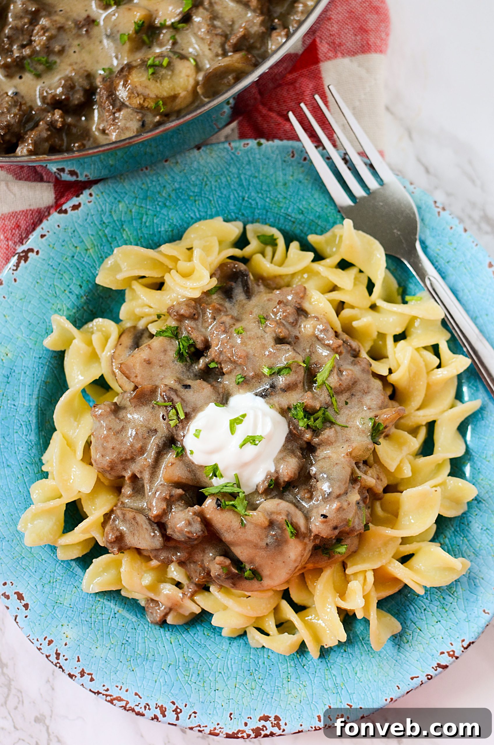 Close-up of the rich and creamy Ground Beef Stroganoff sauce