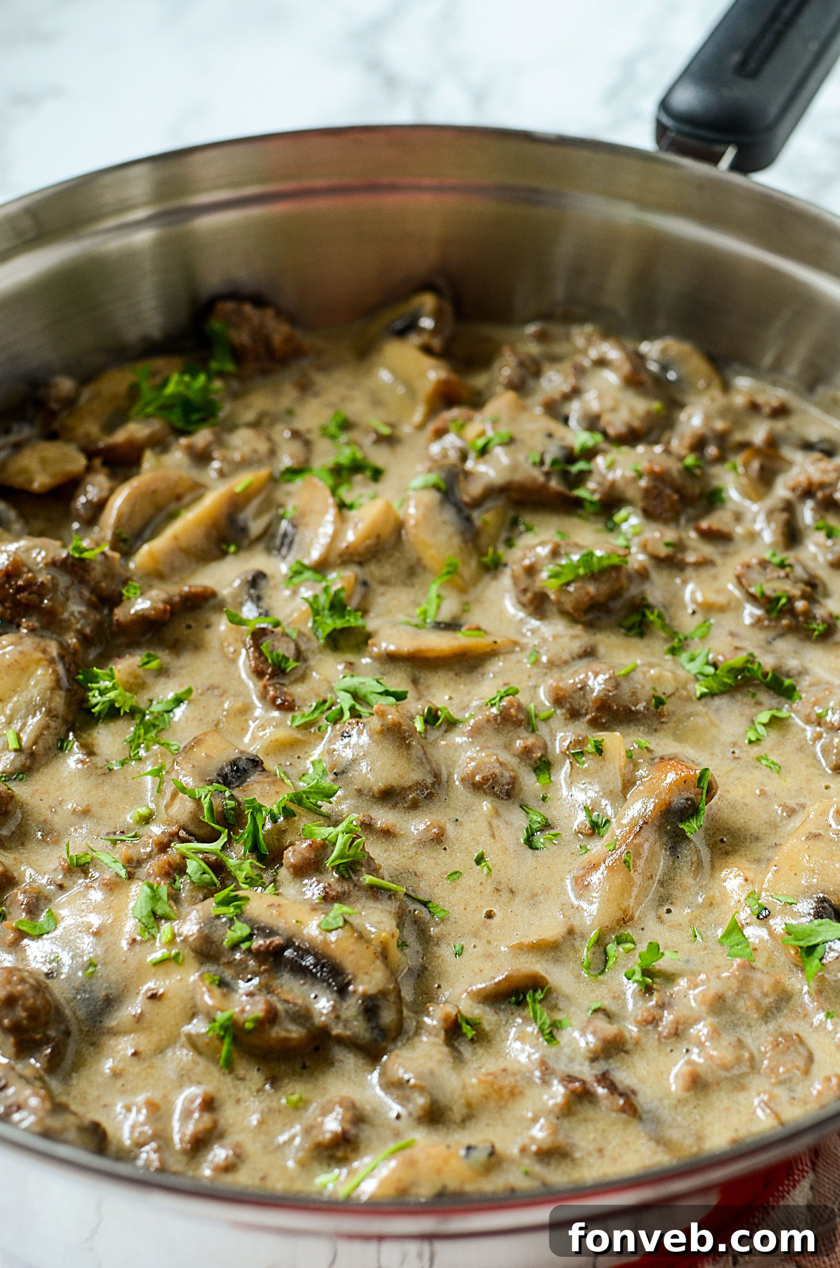 Ingredients for Ground Beef Stroganoff, showing fresh mushrooms