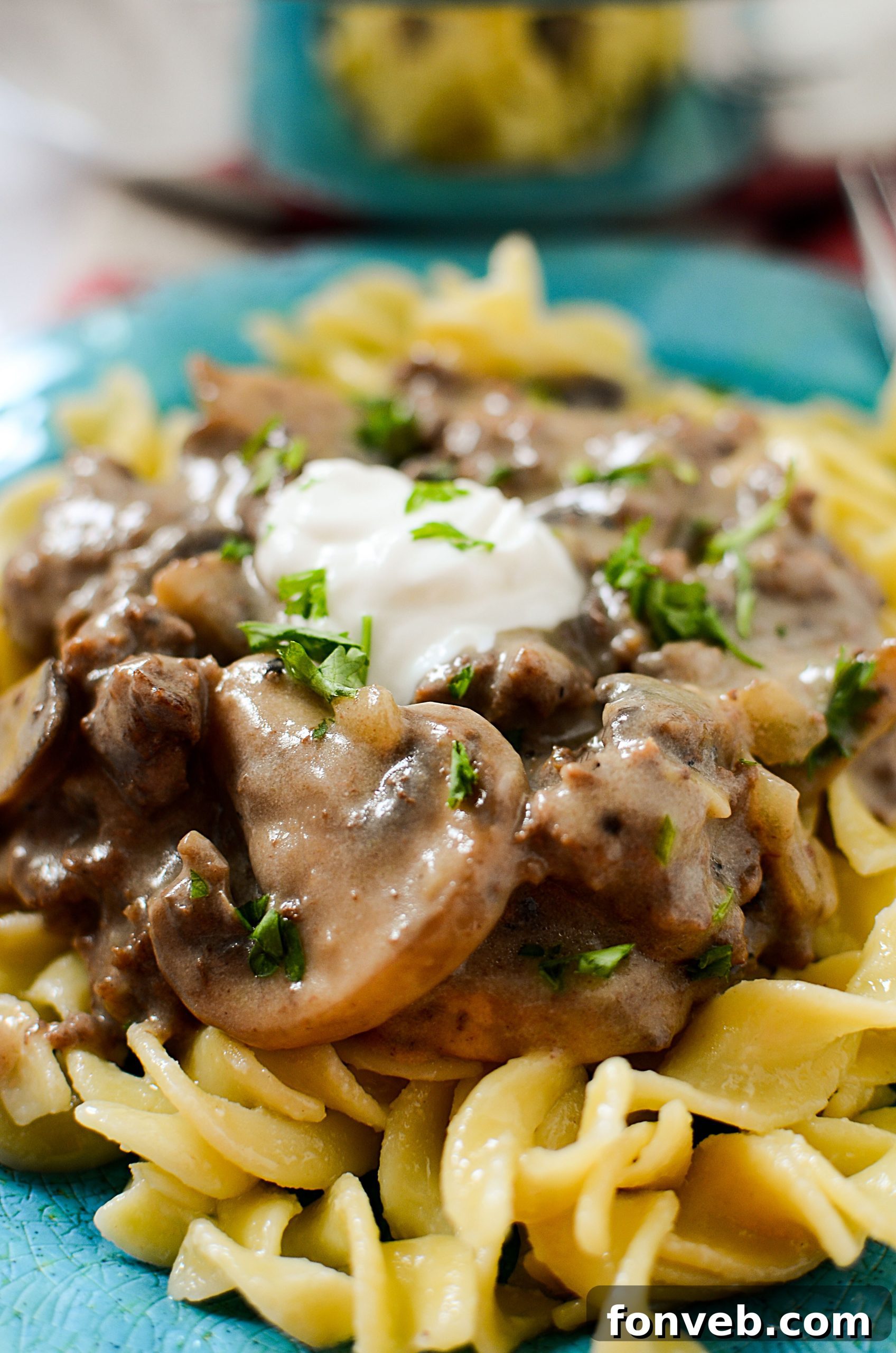 Ground Beef Stroganoff bubbling gently in a skillet