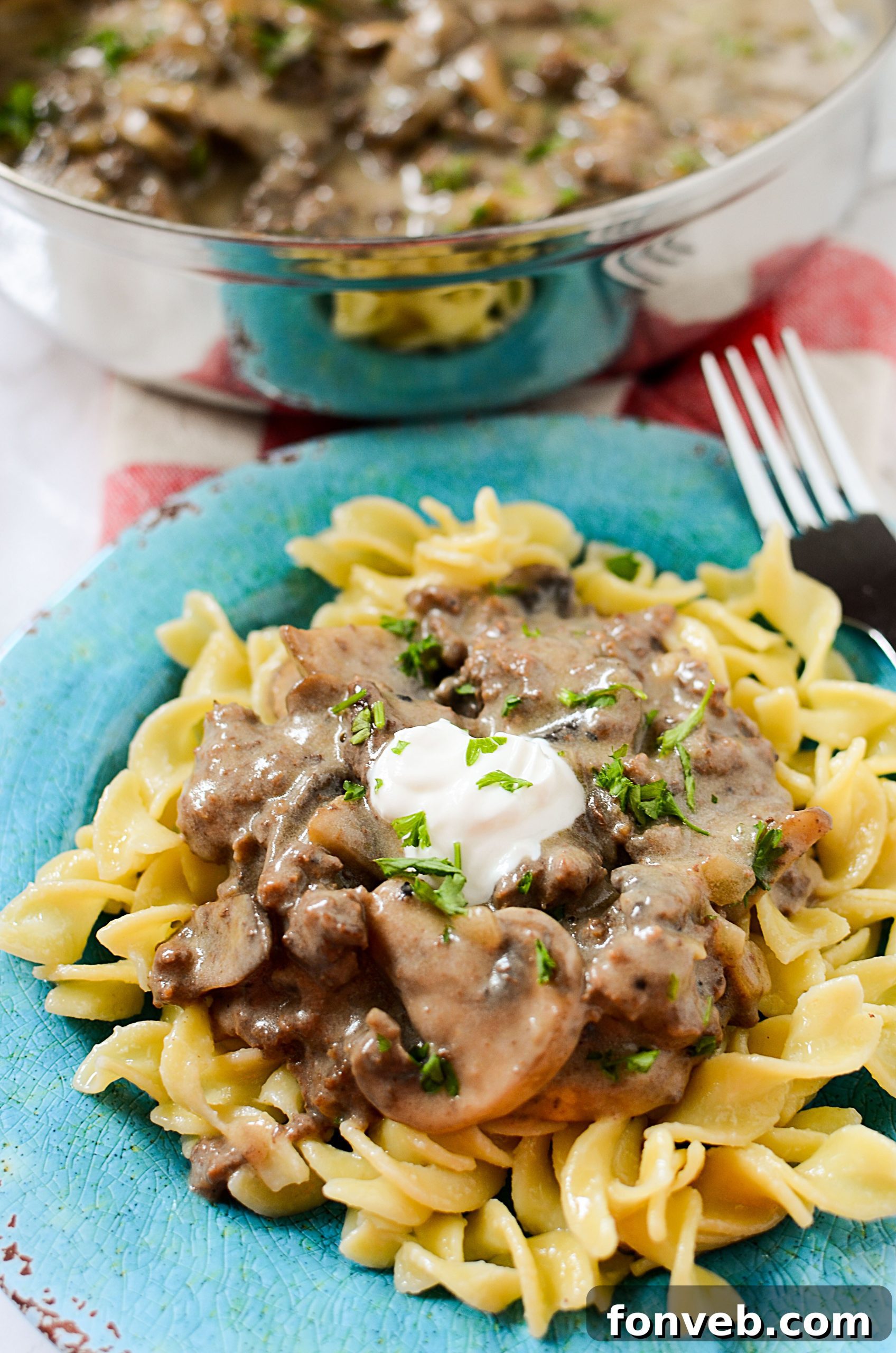 A large serving of Ground Beef Stroganoff ready to be dished out