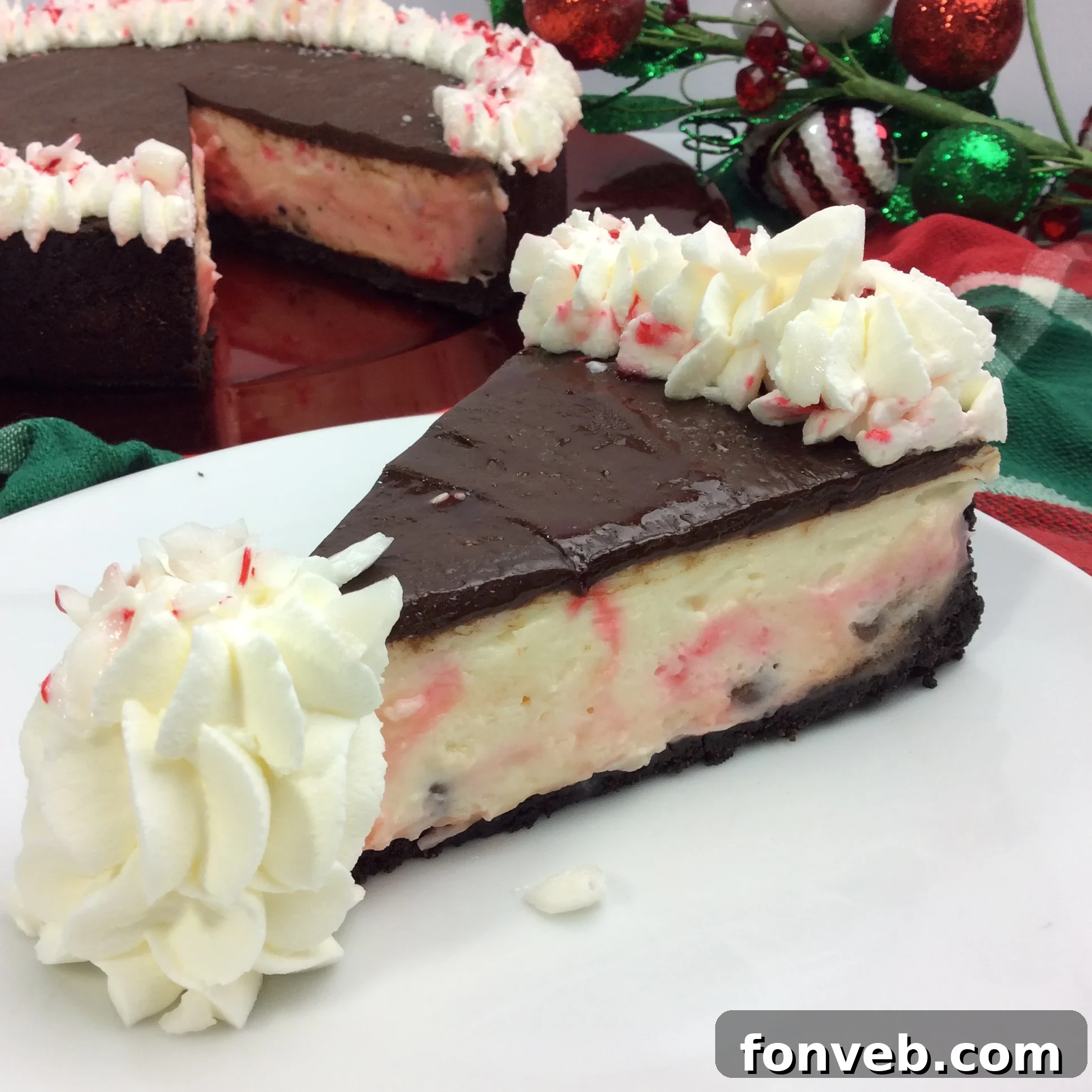 Decadent White Chocolate Peppermint Cheesecake 5 An overhead shot of the finished Candy Cane Cheesecake, showcasing its beautiful presentation