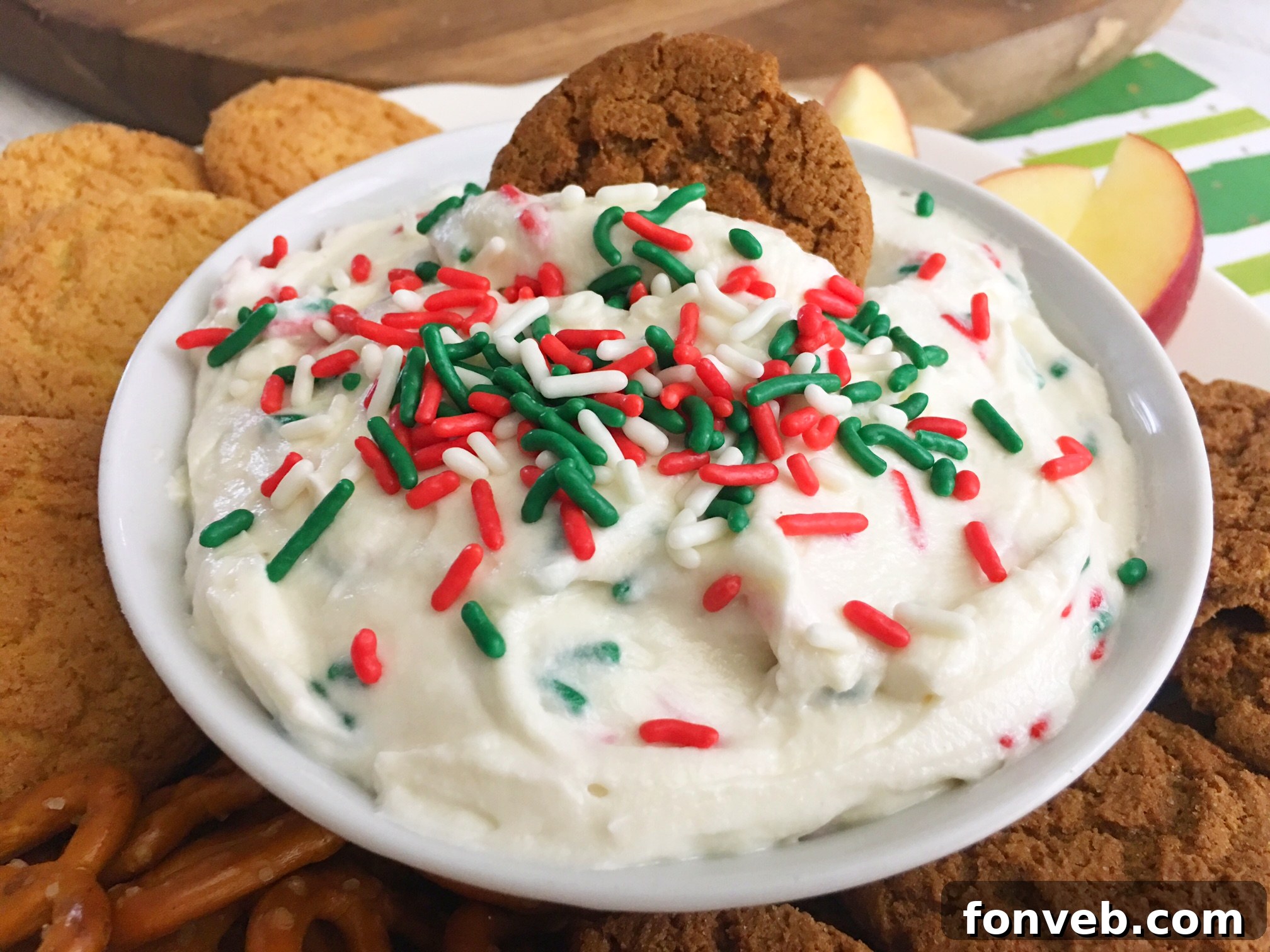 Full spread of Sugar Cookie Dip with festive presentation and various items for dipping