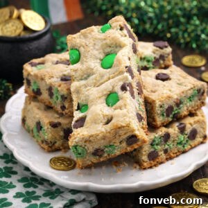 Lucky Shamrock Chocolate Chip Cookie Bars 9 Saint Patrick's Day Chocolate Chip Cookie Bars on a white plate