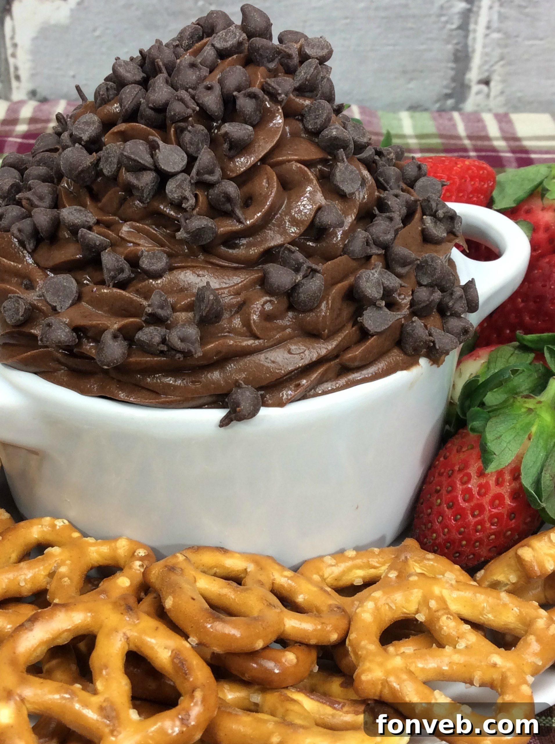 Delicious Brownie Batter Dip in a serving bowl, ready for dipping with a sprinkle of chocolate chips