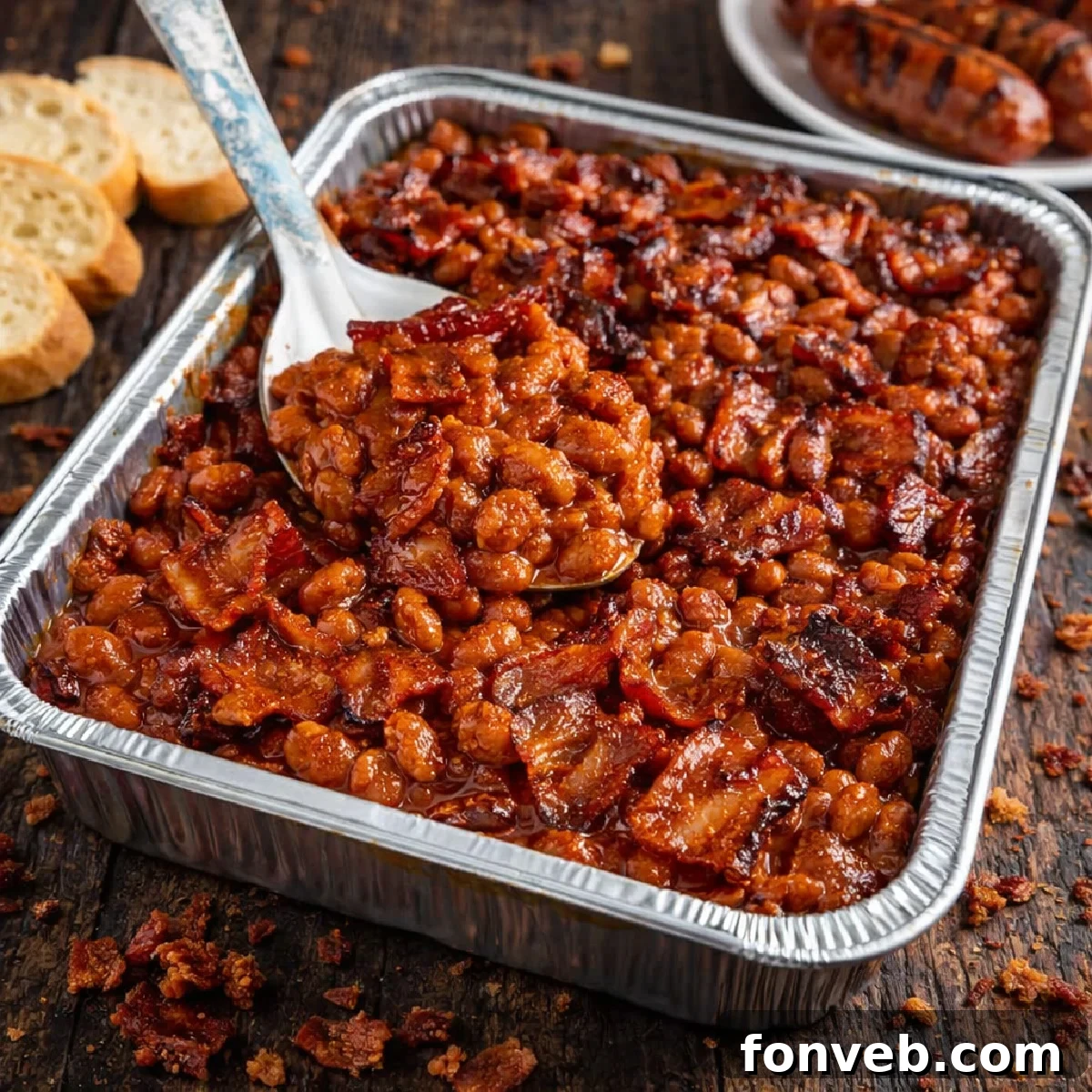 Brown Sugar Bacon Baked Beans in a baking dish