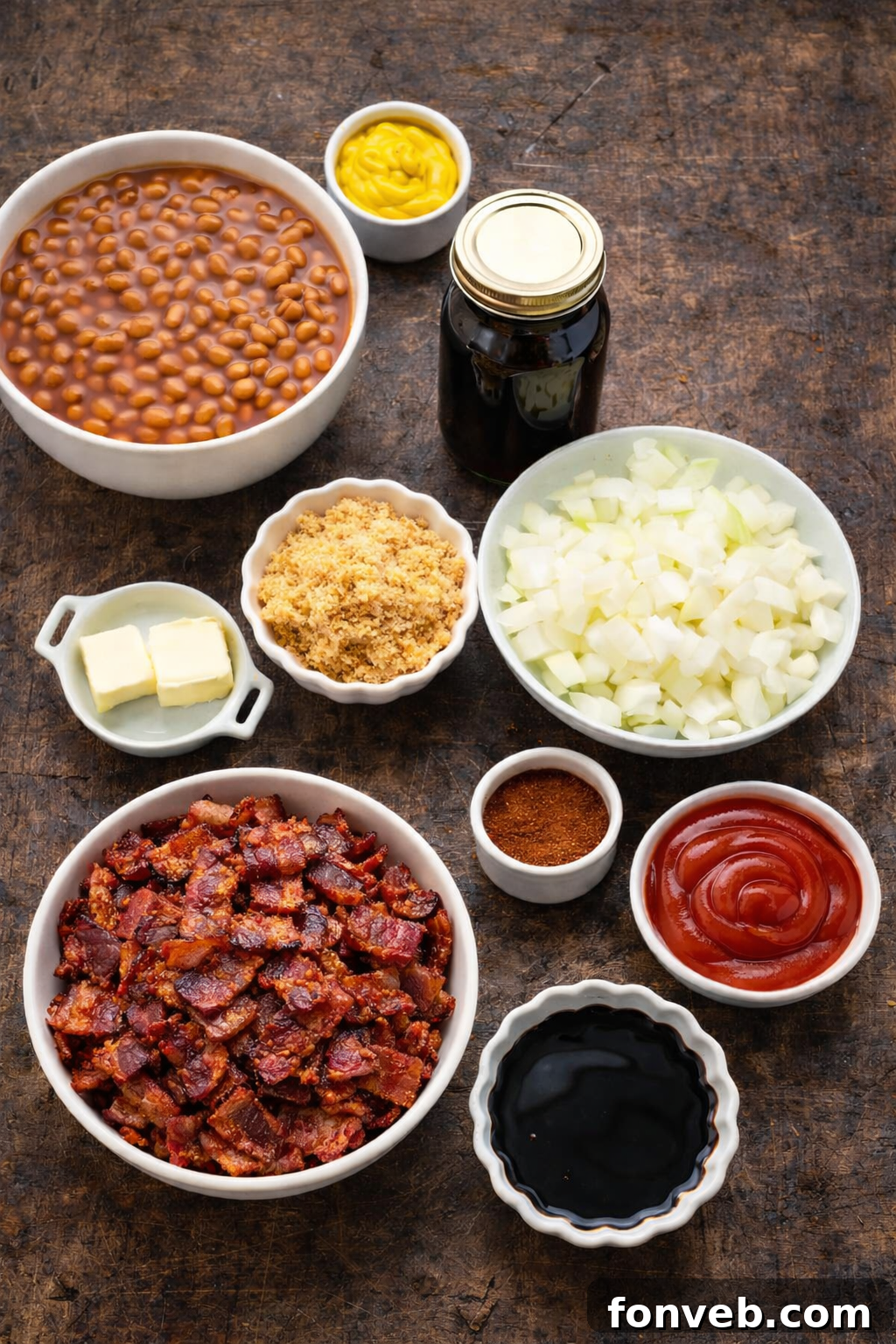 Ingredients for Brown Sugar Bacon Baked Beans in a baking dish