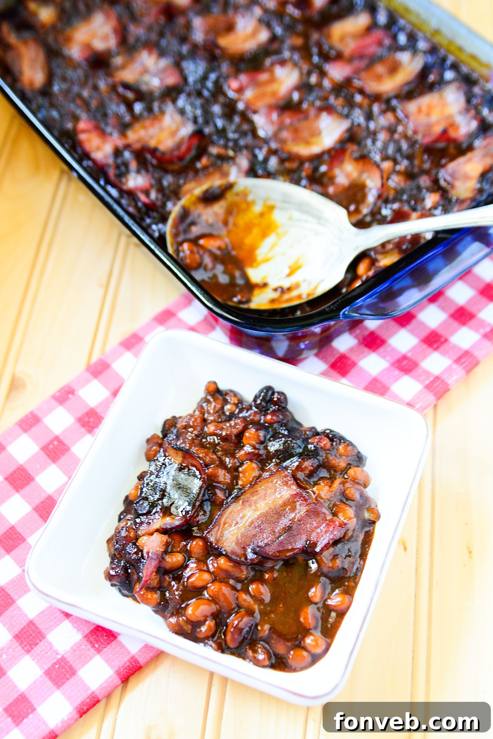 Brown Sugar Bacon Baked Beans in a white bowl