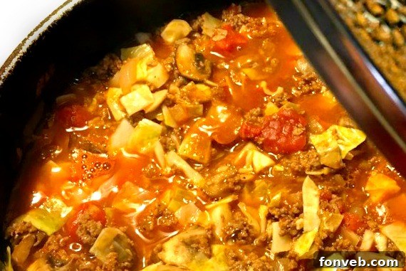Generous serving of Crockpot Cabbage Roll Soup topped with sour cream