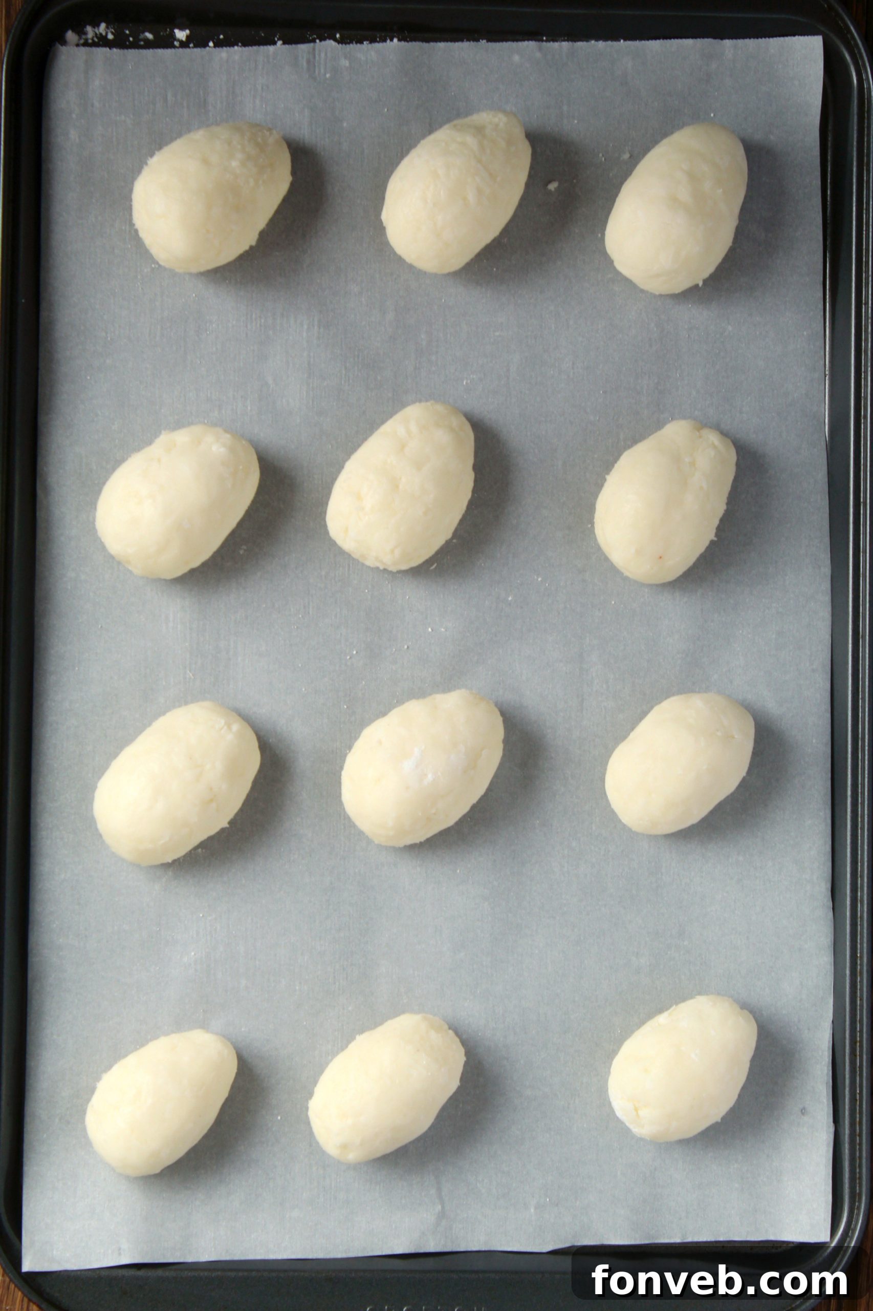Close-up of the creamy coconut mixture being prepared in a bowl for the no-bake eggs