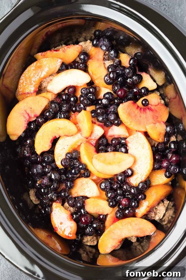 Slow Cooker Blueberry Peach Cobbler