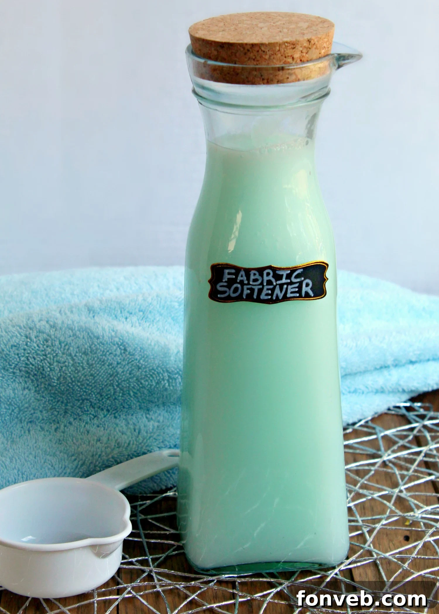 Homemade Fabric Softener in a clear bottle, ready for use