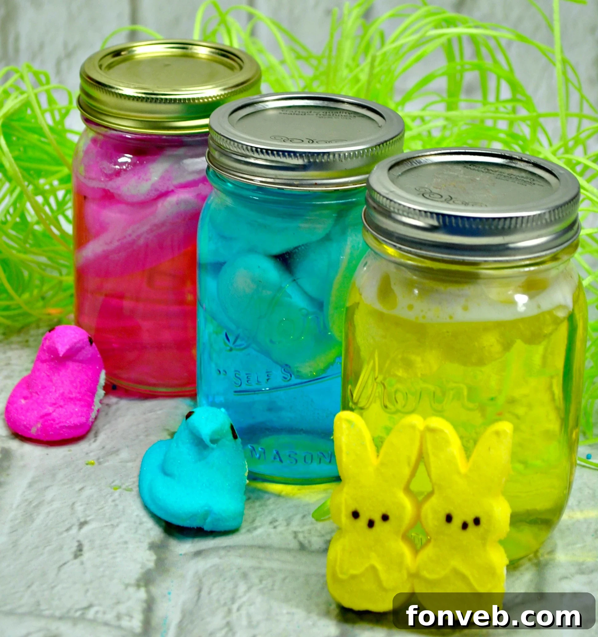 Colorful Peeps vodka infusions in mason jars