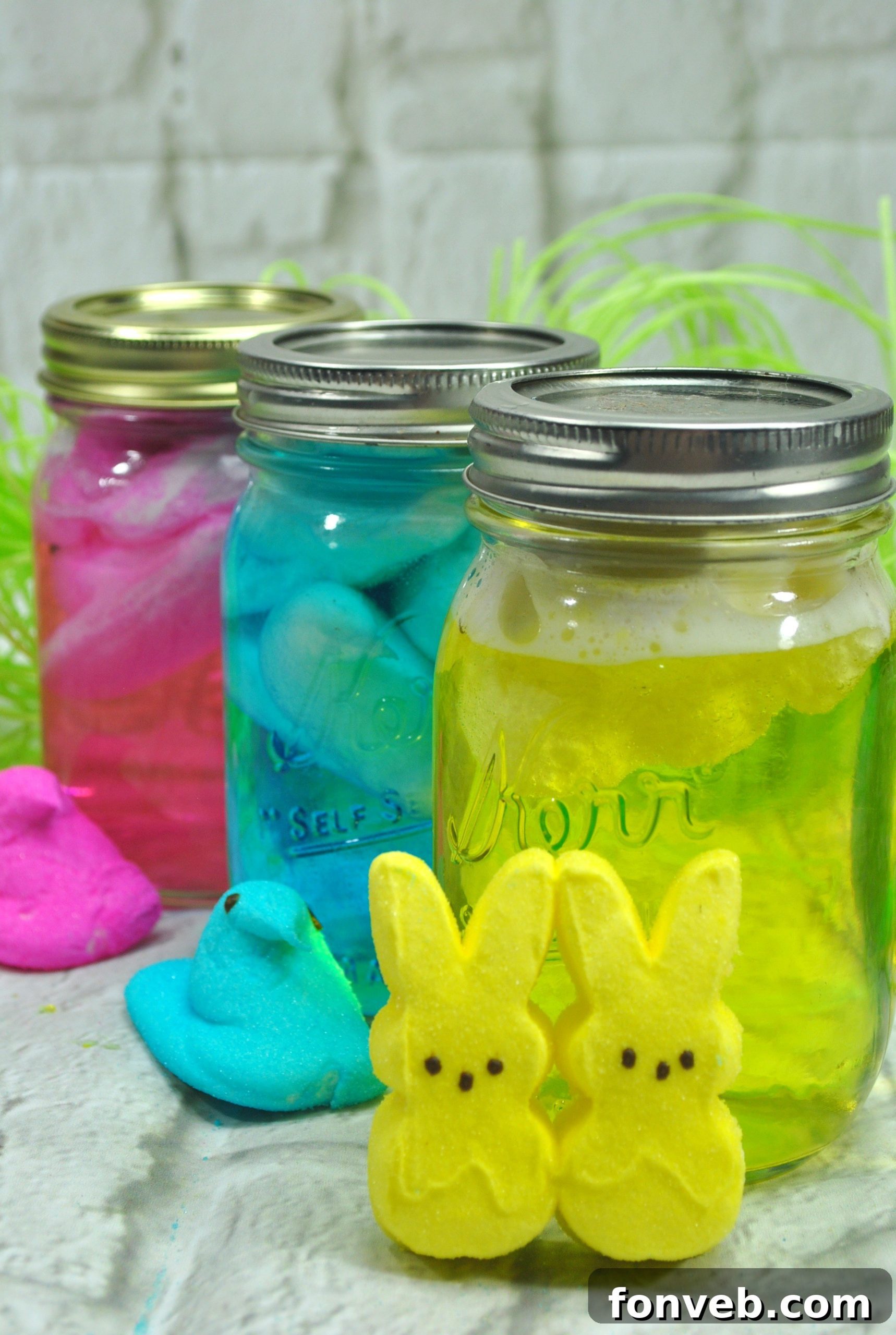 A glass of Peeps vodka cocktail, ready for Easter