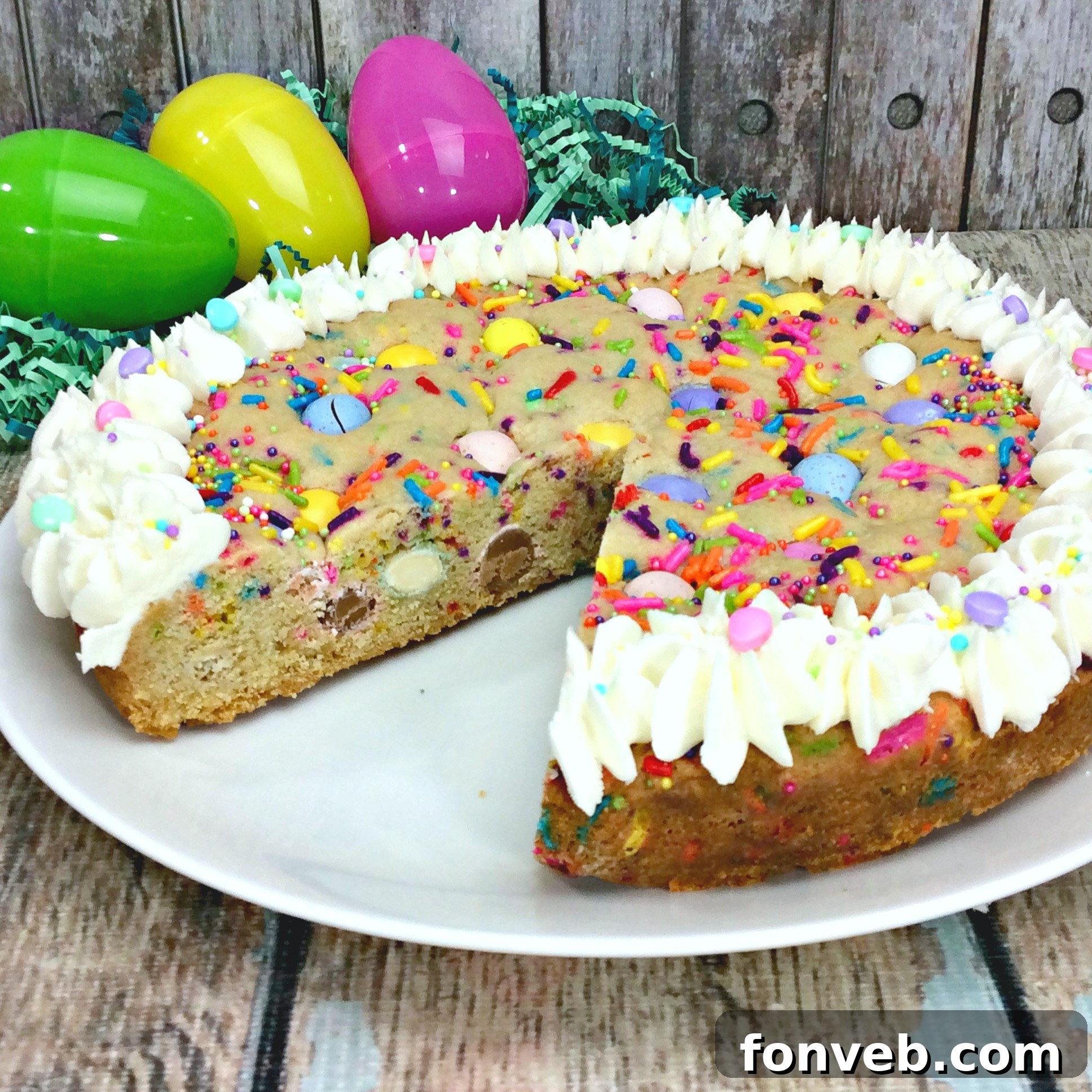 Close-up of the Easter Cookie Pie, showcasing its soft texture and colorful M&M's and sprinkles