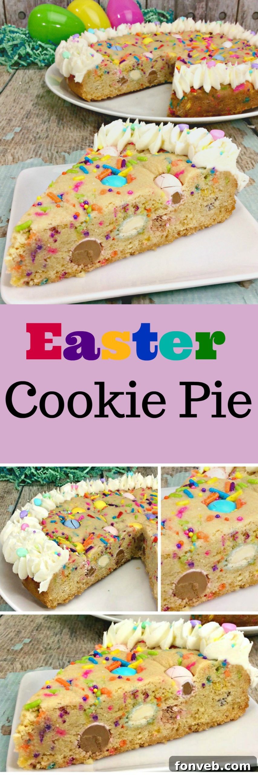 Sliced Easter Cookie Pie with a generous layer of vanilla frosting and sprinkles, ready to be served