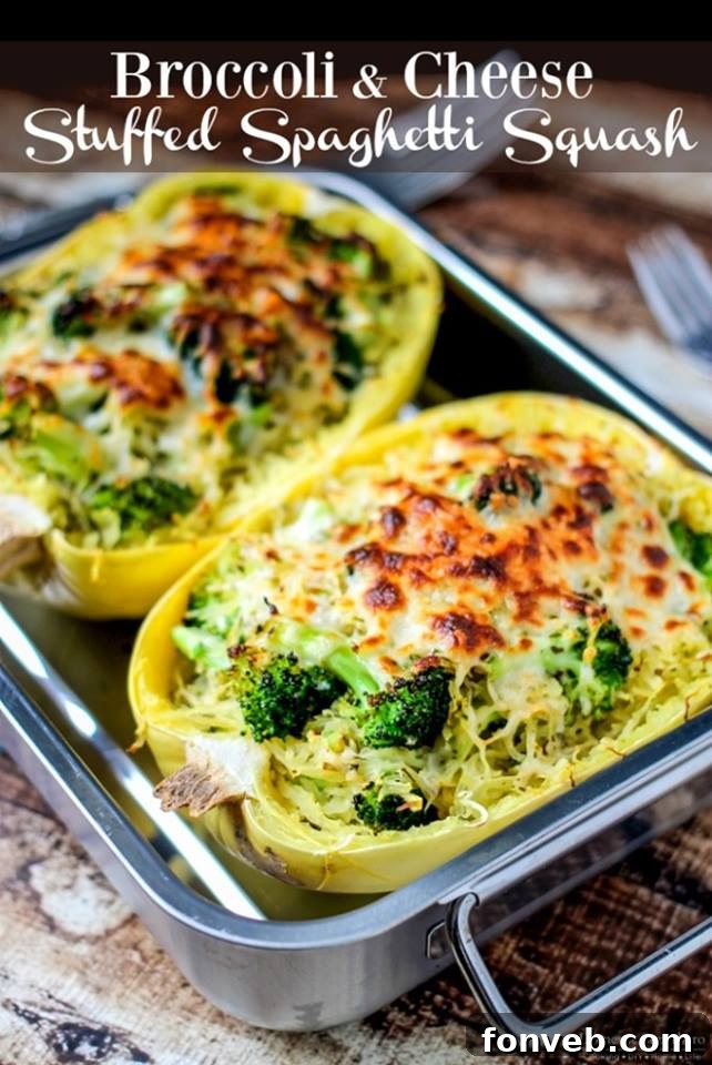 Delicious and healthy Broccoli Cheese Stuffed Spaghetti Squash, a low-calorie vegetarian meal