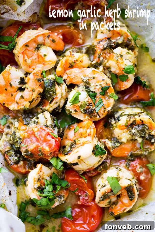 Fresh Lemon Garlic Herb Shrimp cooked in parchment packets for a healthy and flavorful meal with easy cleanup