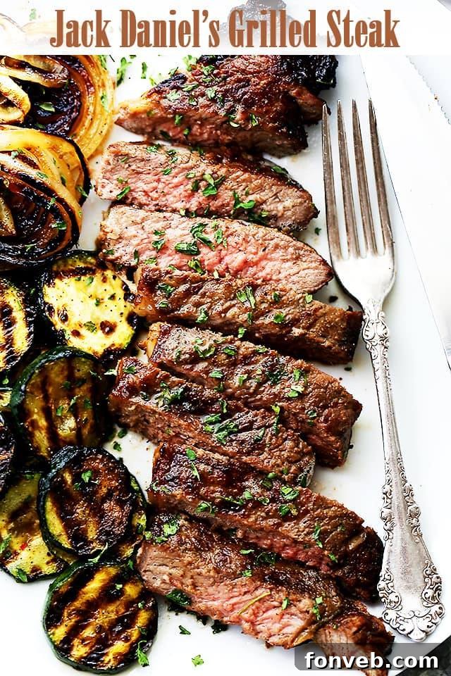 Grilled New York Strip Steak marinated in Jack Daniel's Whiskey and soy sauce, a gourmet BBQ recipe