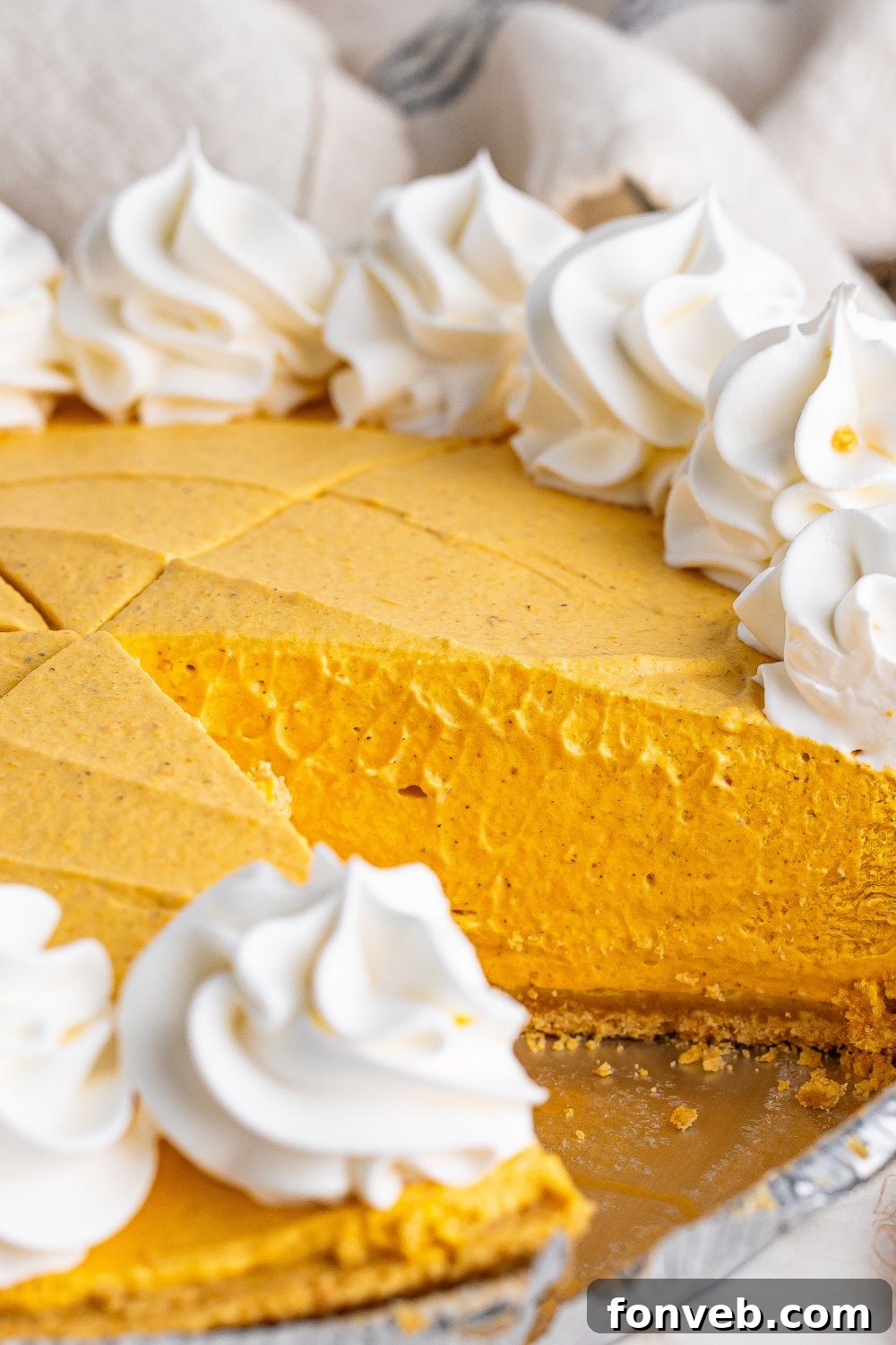 No Bake Pumpkin Cheesecake with a slice taken out of the cheesecake 