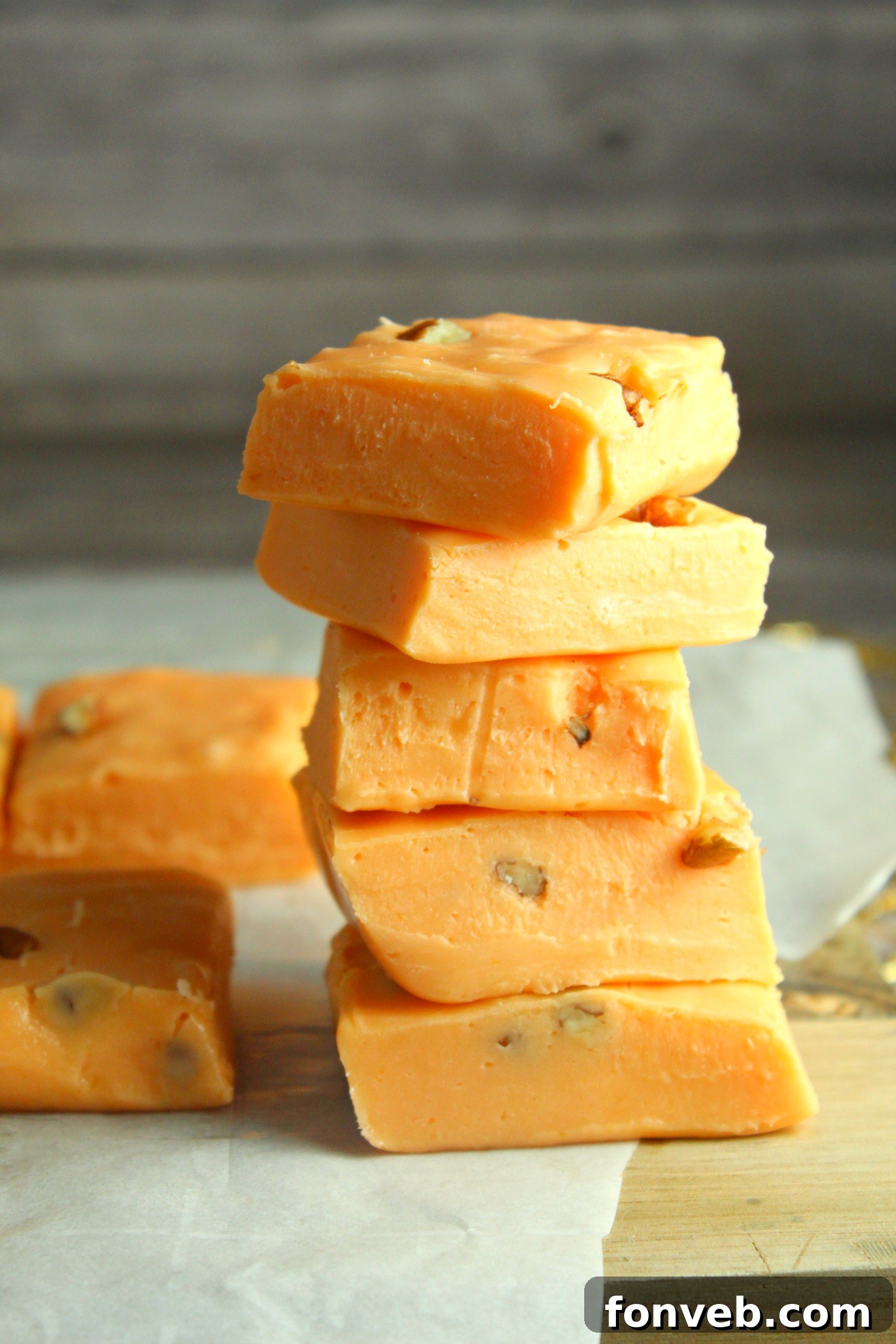 5 Minute No Bake Pumpkin Fudge 5 Ingredients 8 Stacked pieces of Pumpkin Fudge