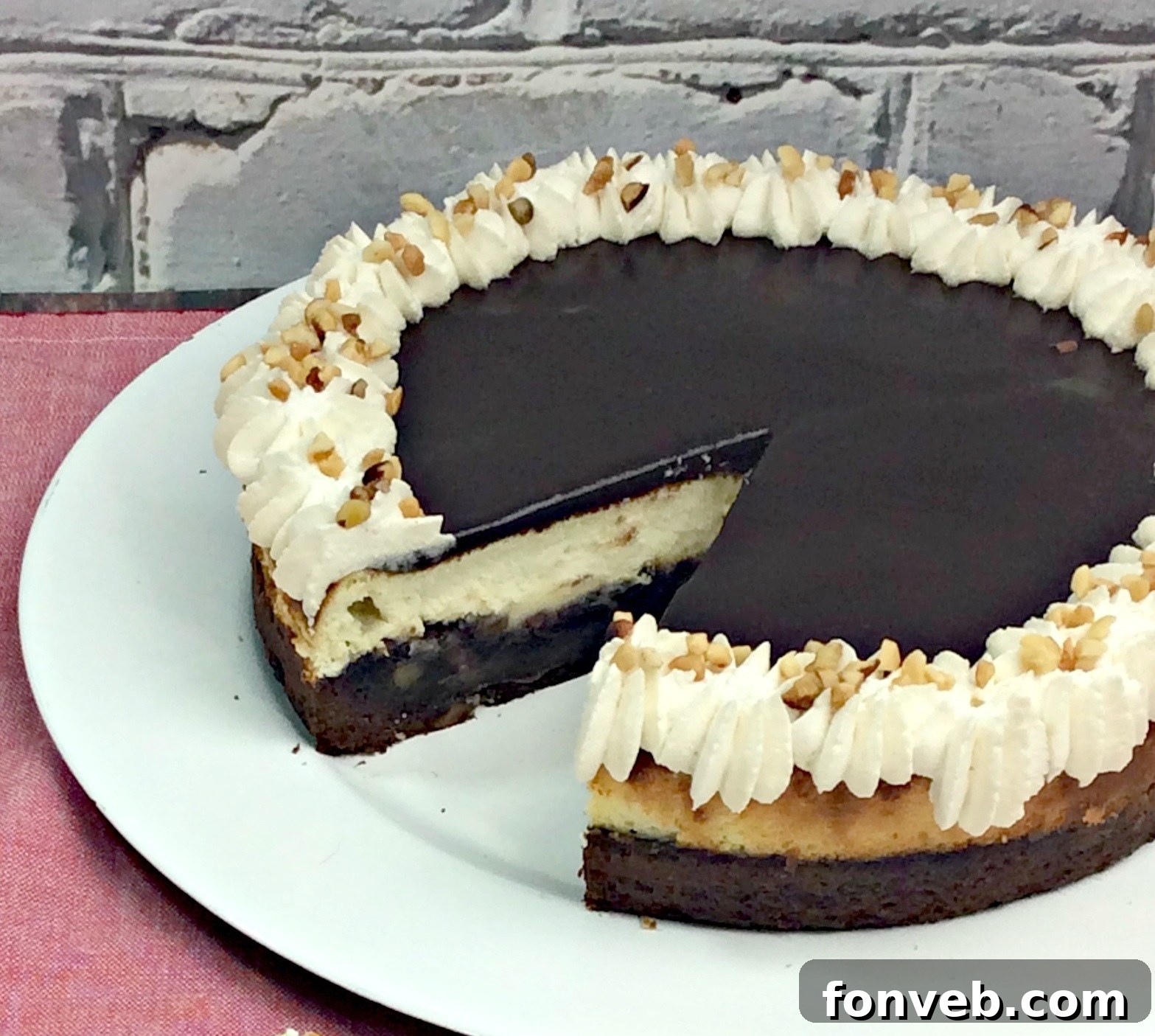 Detailed shot of Hot Fudge Sundae Brownie Cheesecake layers