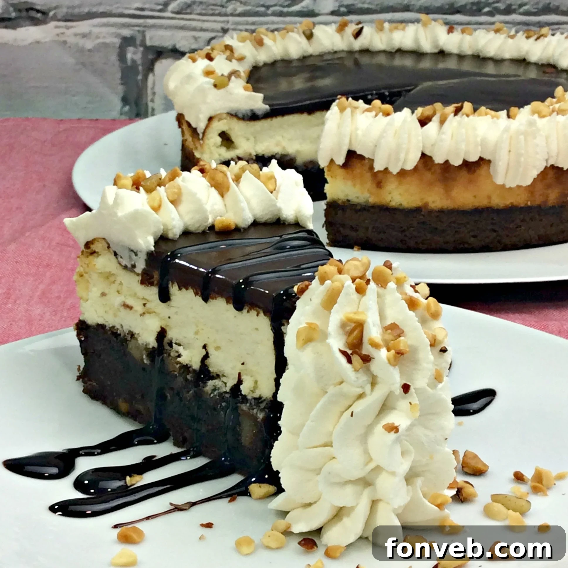 Hot Fudge Sundae Brownie Cheesecake from top with whipped cream