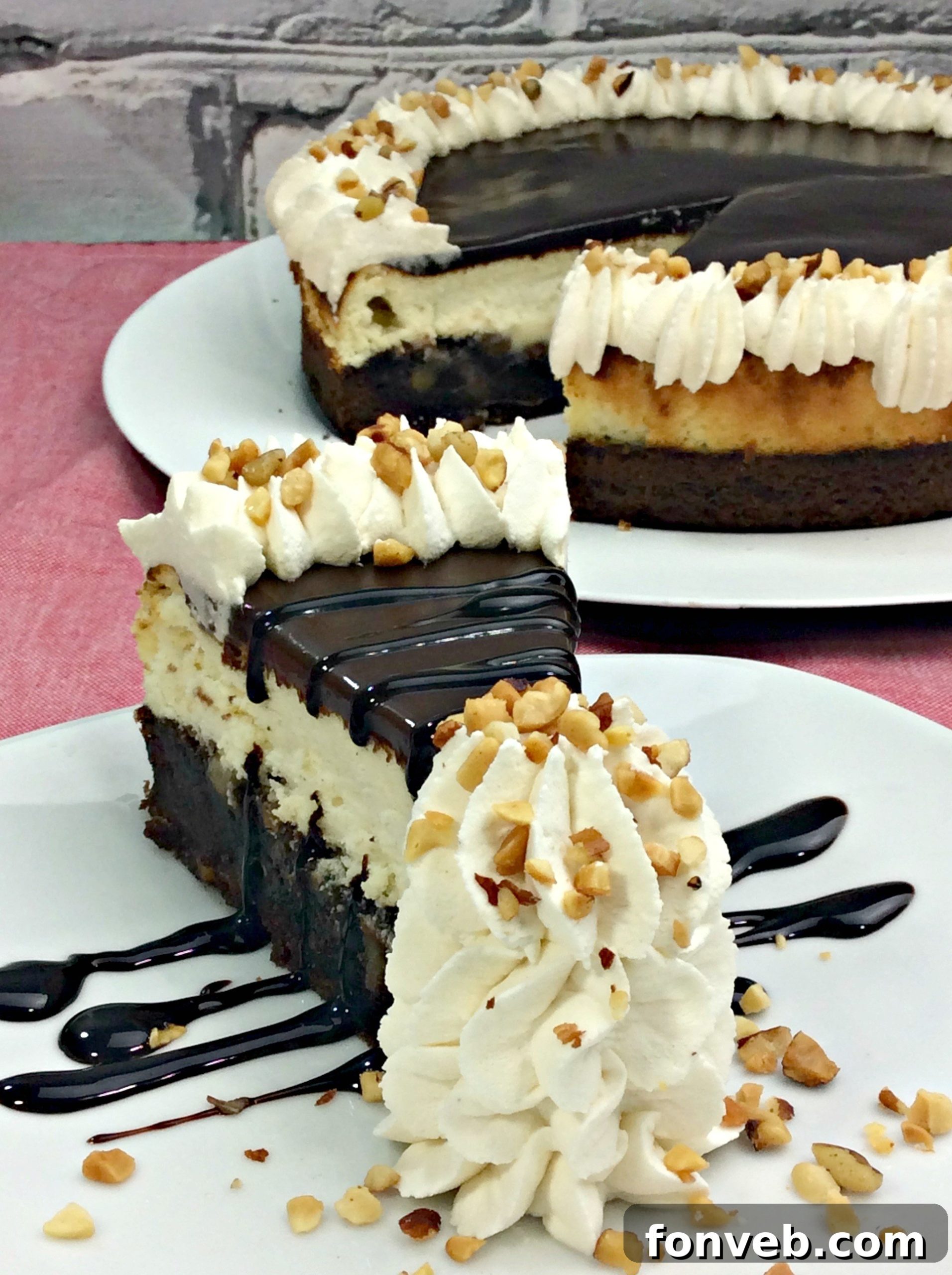 Close-up of Hot Fudge Sundae Brownie Cheesecake with full toppings