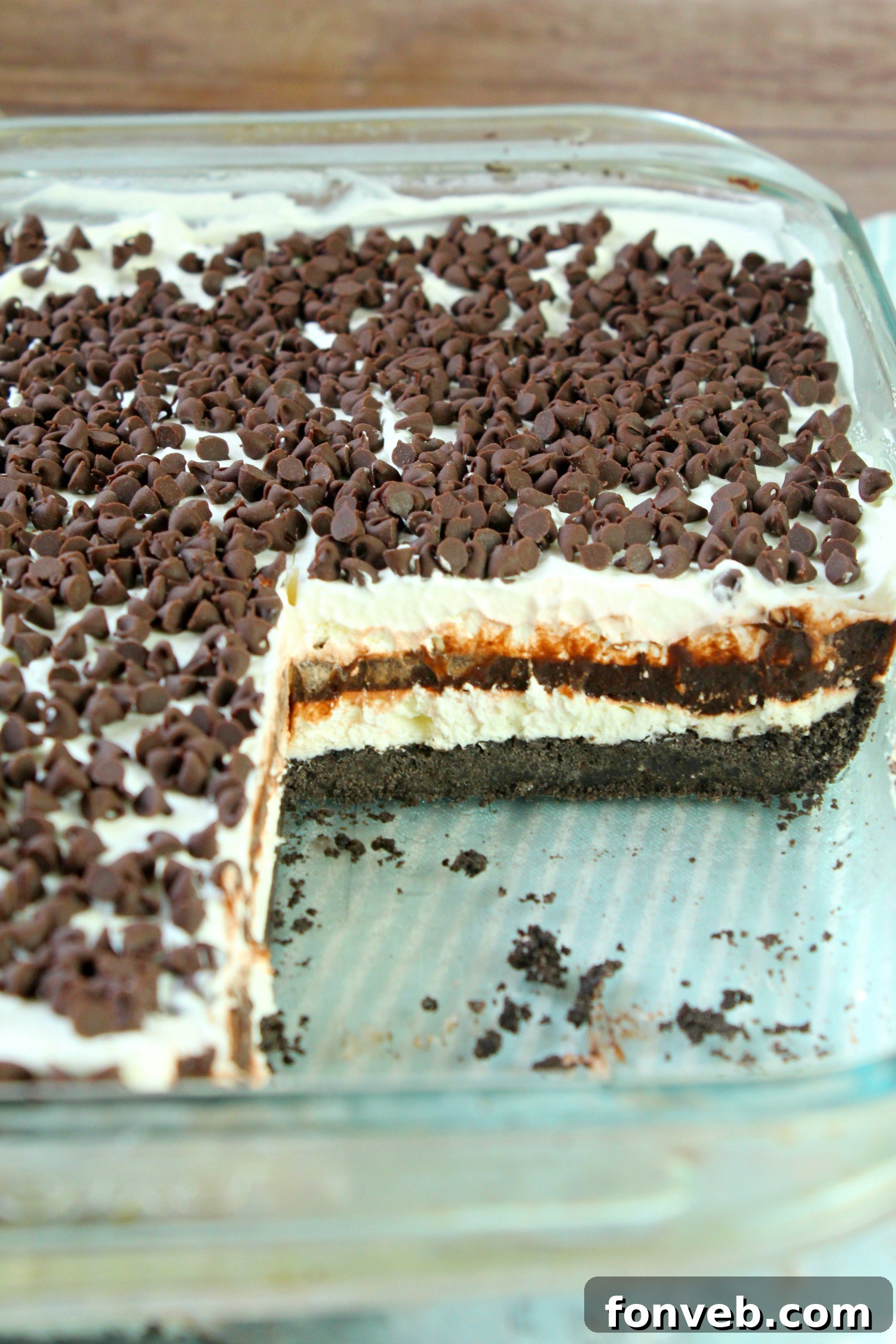Another beautiful shot of the No-Bake Chocolate Lasagna, emphasizing the perfect, even layers and the delightful topping.