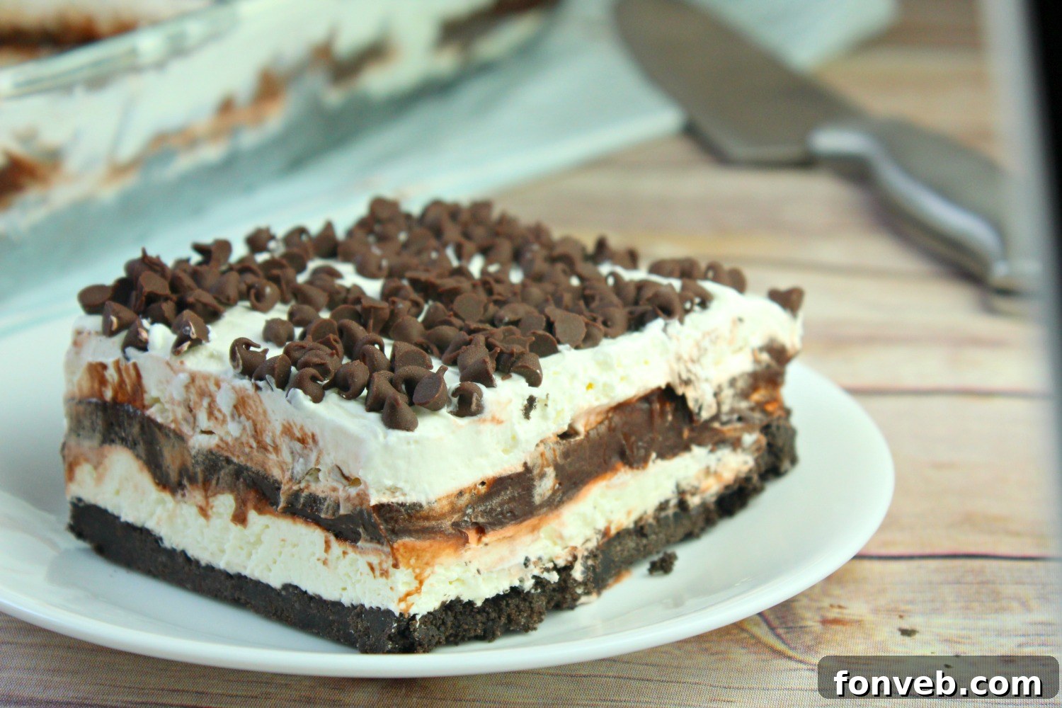 Another enticing view of the No-Bake Chocolate Lasagna, garnished with chocolate shavings, ready to be served.