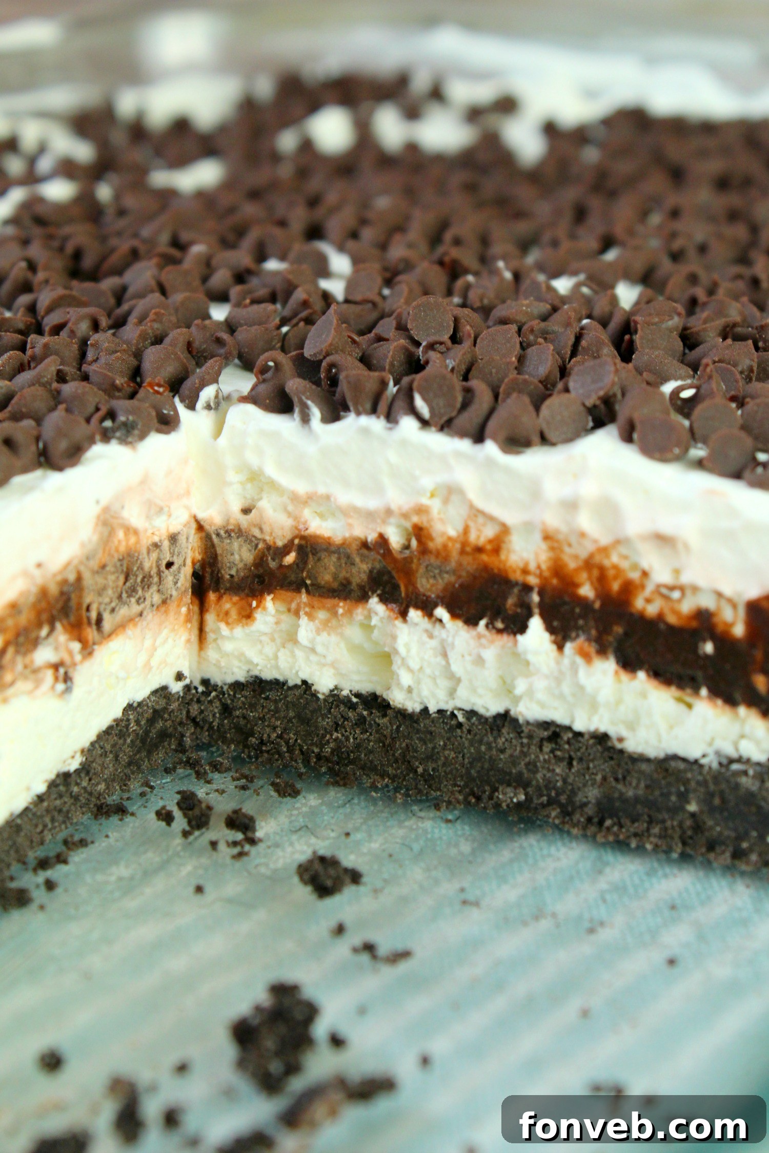A wide shot of the assembled No-Bake Chocolate Lasagna, demonstrating its generous size perfect for feeding a crowd.