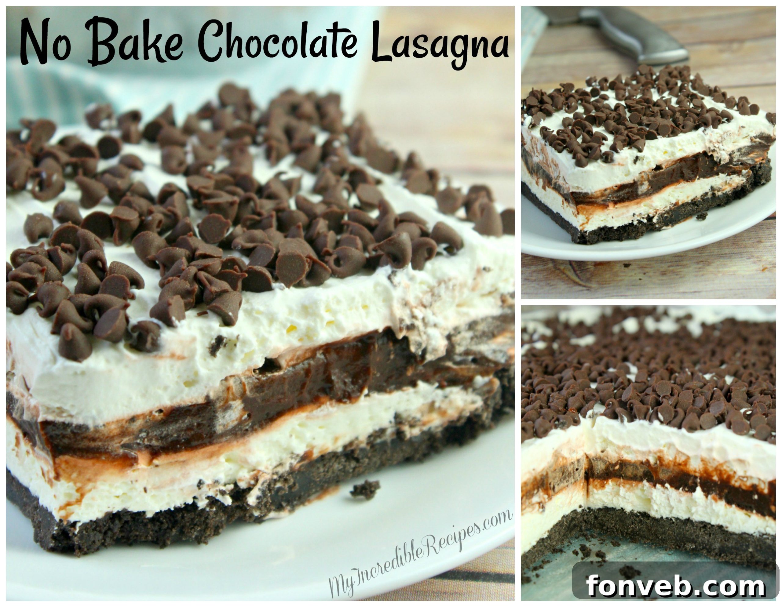 A final overhead view of the No-Bake Chocolate Lasagna, beautifully composed and ready to be enjoyed.