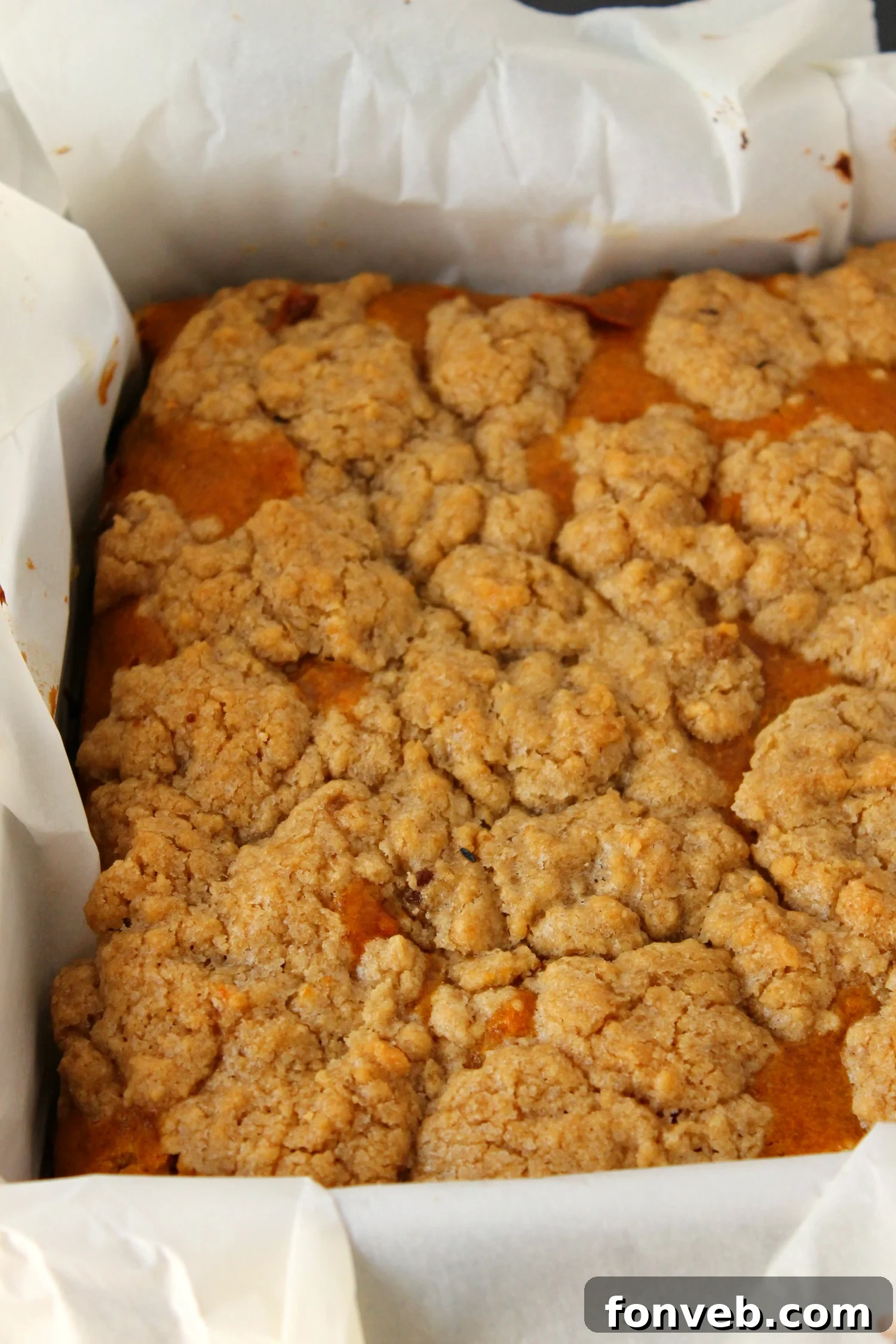 Close-up of a slice of pumpkin coffee cake showing its moist texture and streusel topping
