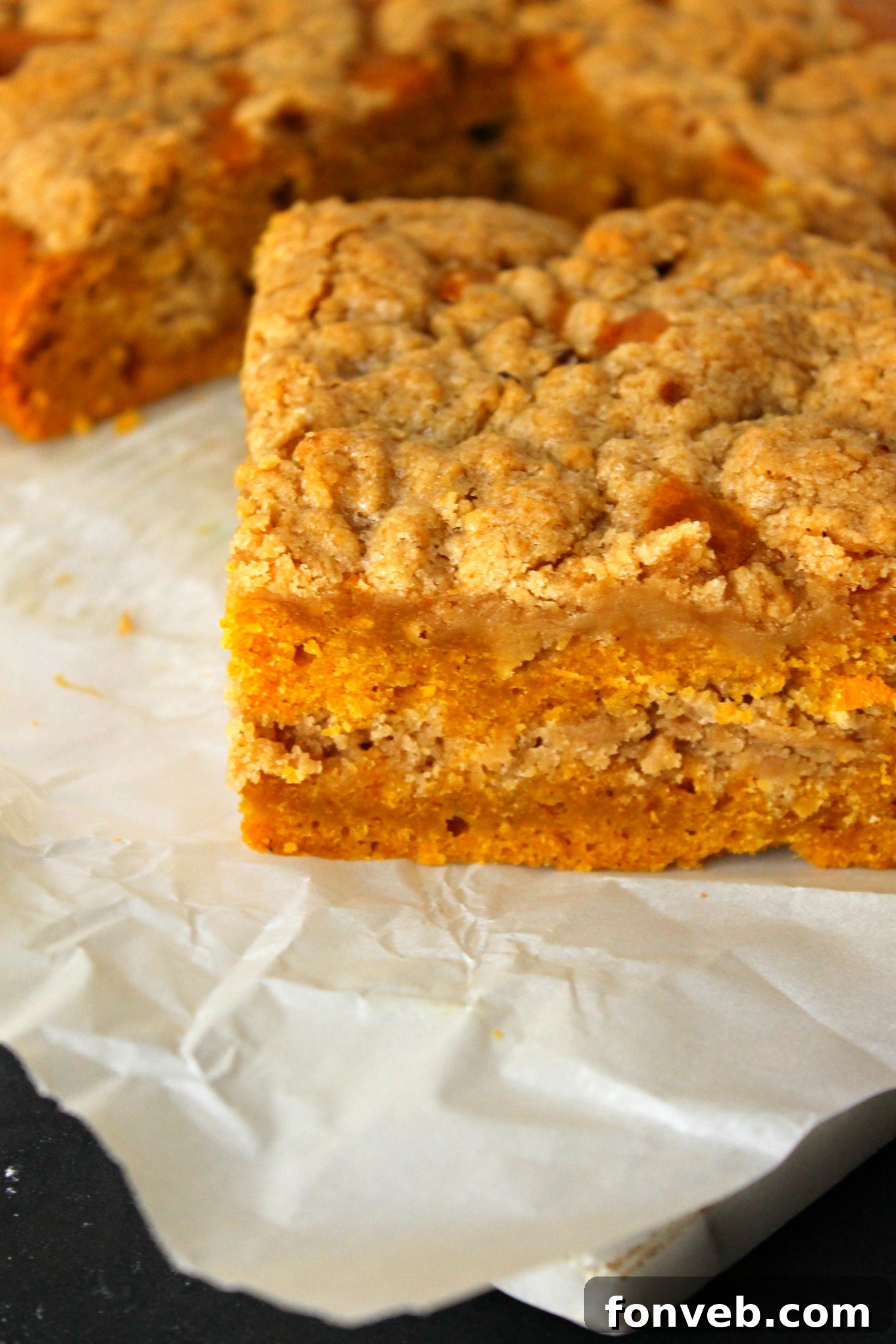 Another perspective of the pumpkin coffee cake, highlighting the golden brown streusel