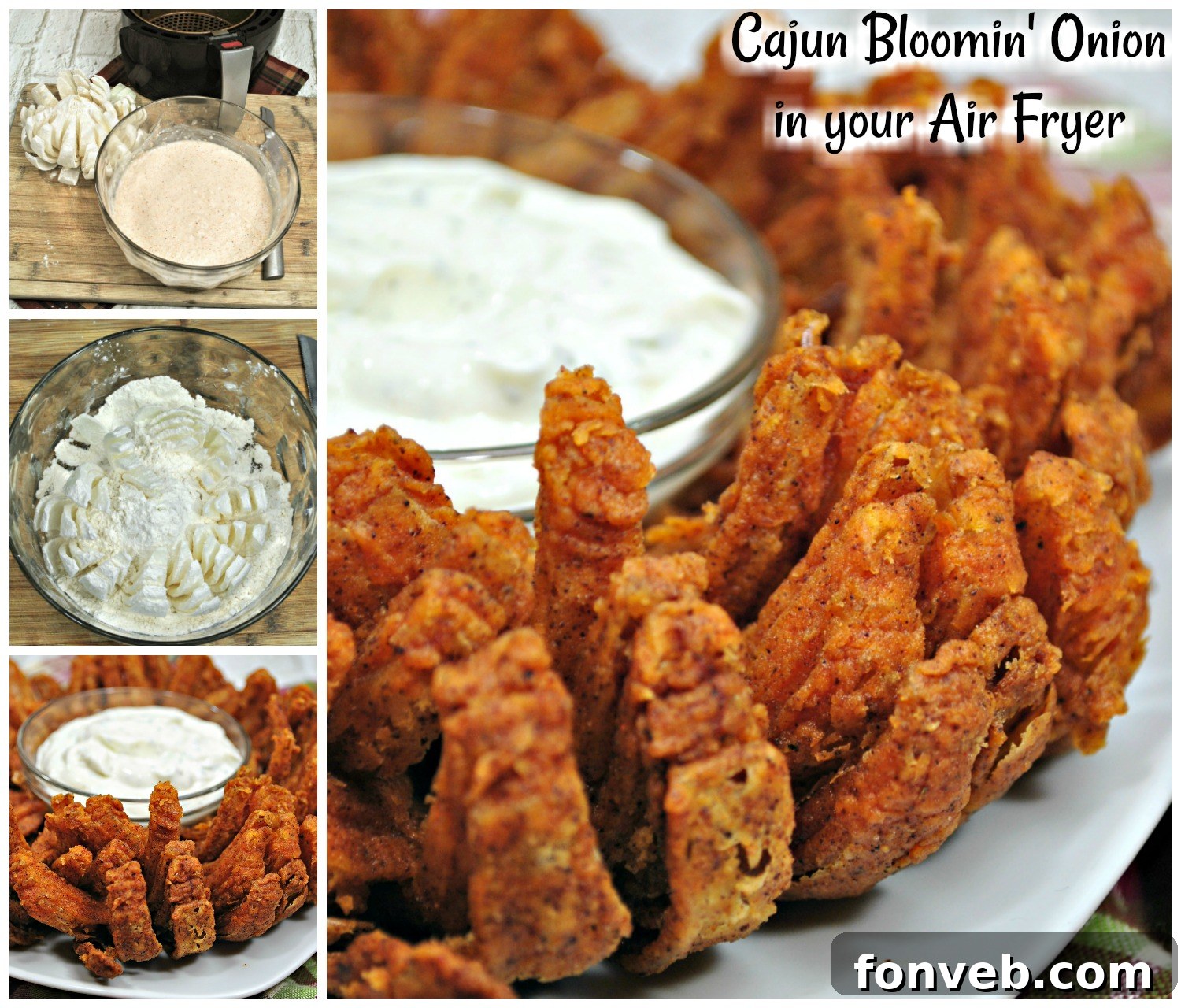 A vibrant close-up of the Bloomin' Onion and the creamy Green Onion Ranch Dip, beautifully presented on a platter, inviting guests to indulge.