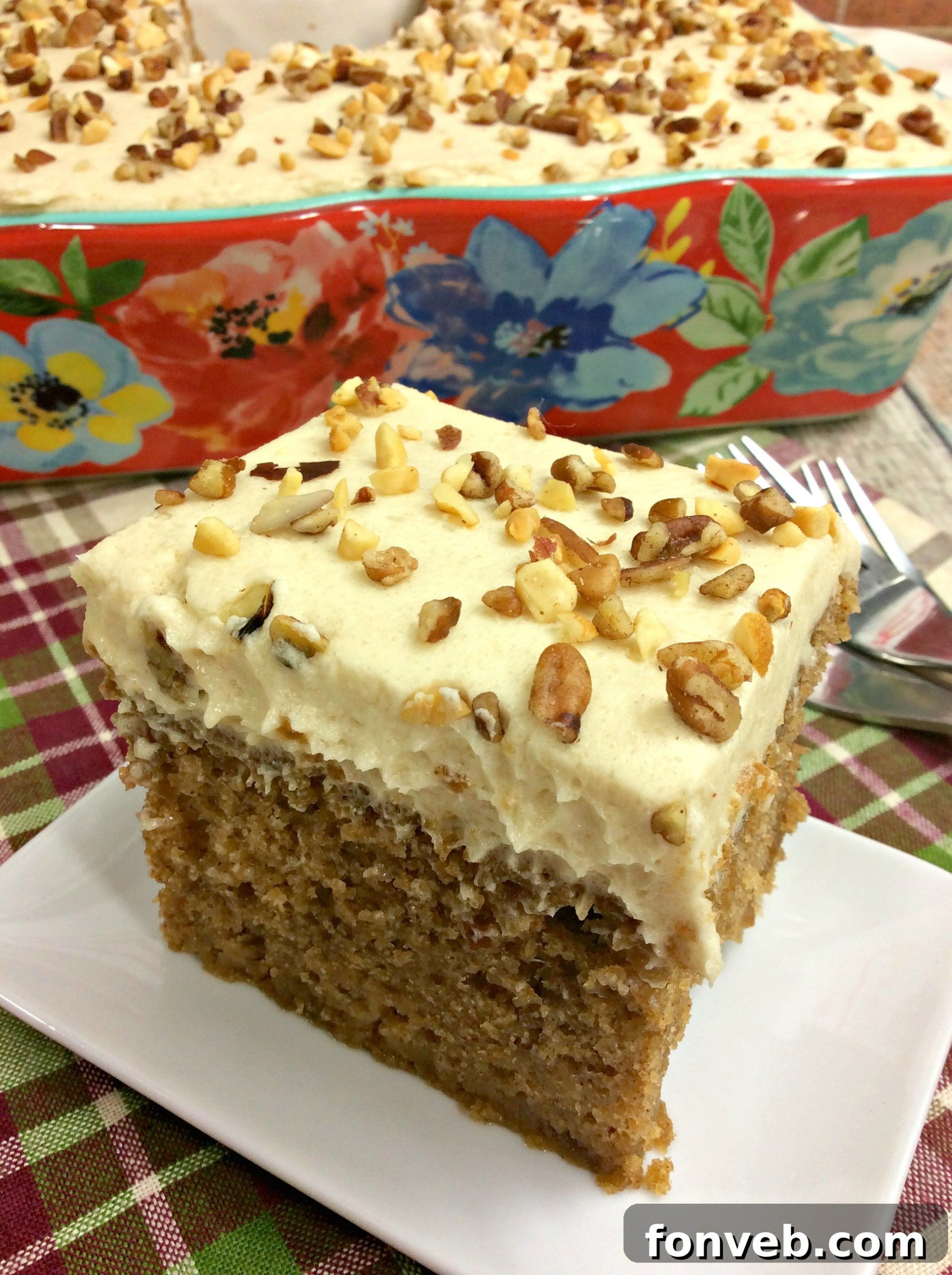 Preacher Cake Crowned with Brown Sugar Buttercream 2 Close-up of a slice of moist Fall Preacher Cake, showing its rich texture and delicious frosting.