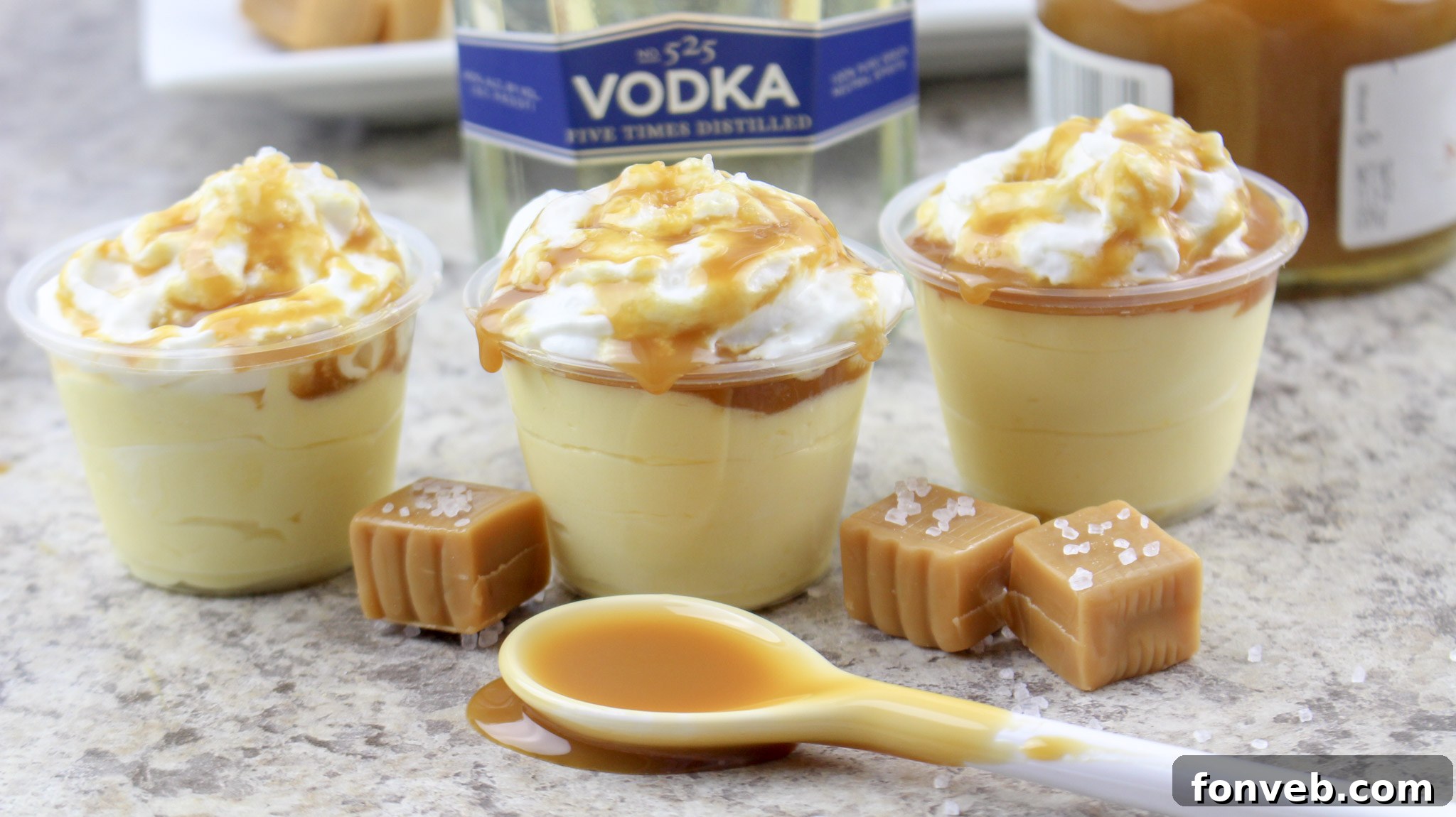 Close-up of Salted Caramel Pudding Shots ready to be served