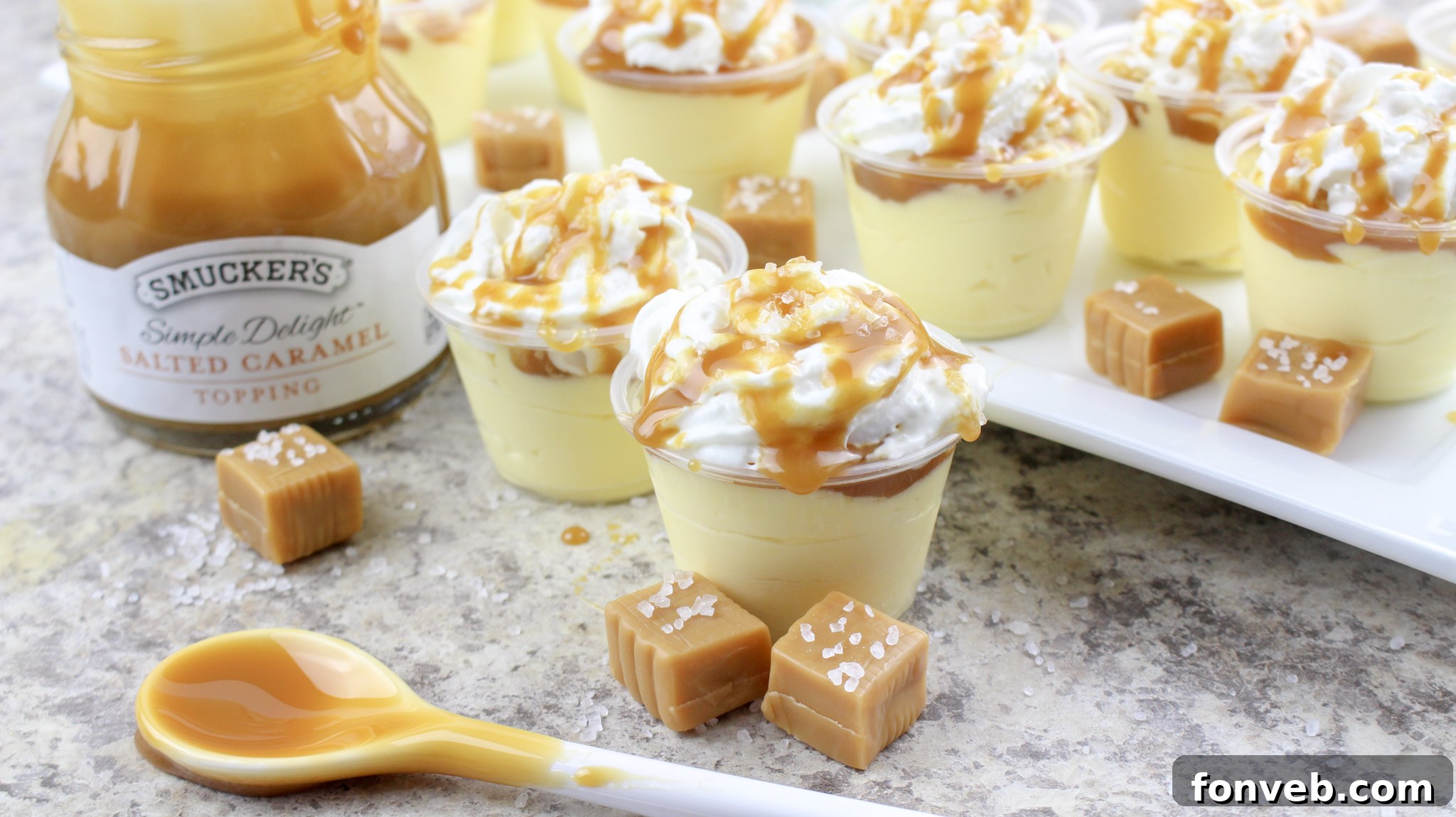 Variety of pudding shots, with a focus on salted caramel
