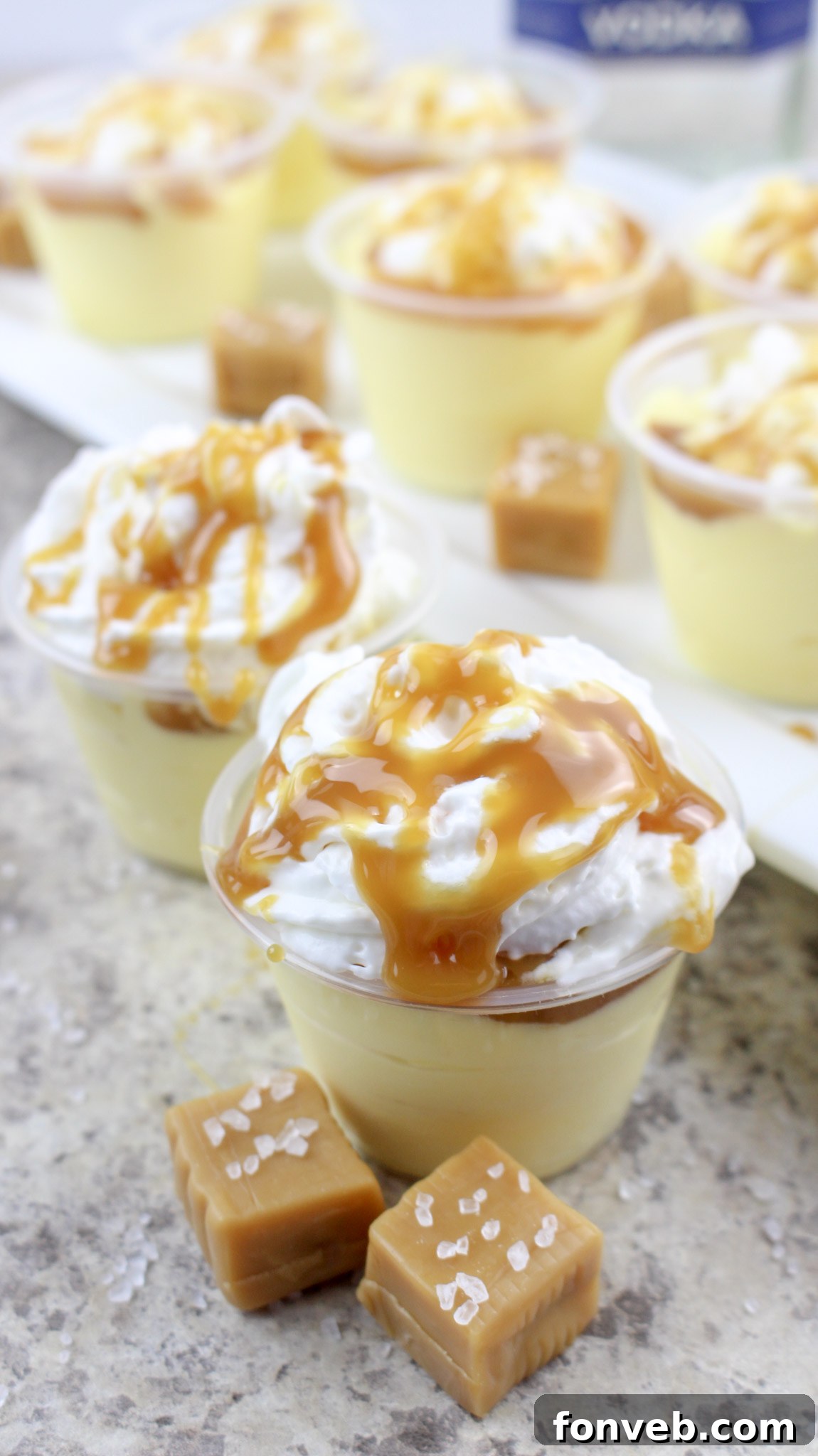A tray filled with many Salted Caramel Pudding Shots