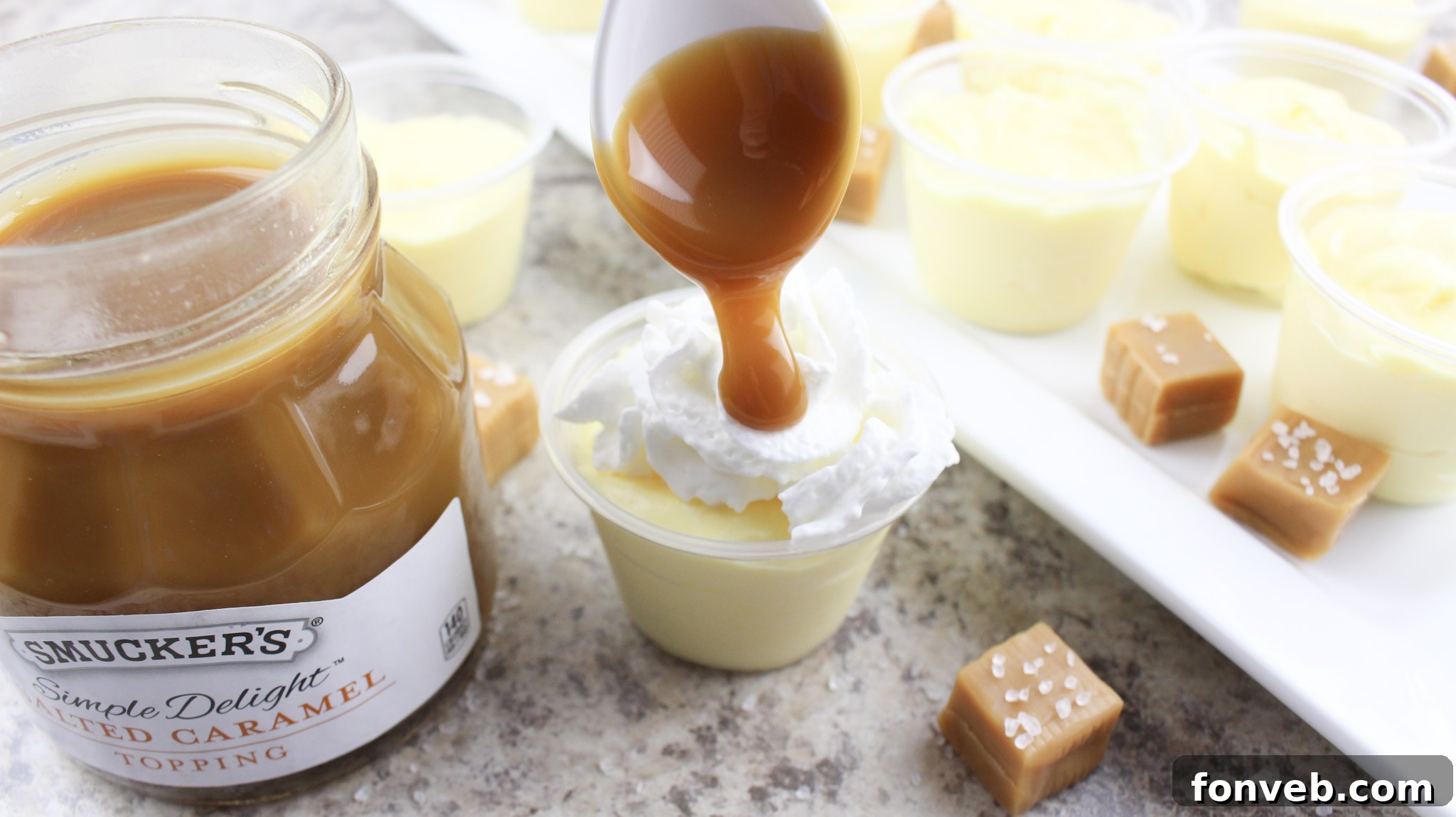 Various pudding shots, some without alcohol, in different colored cups