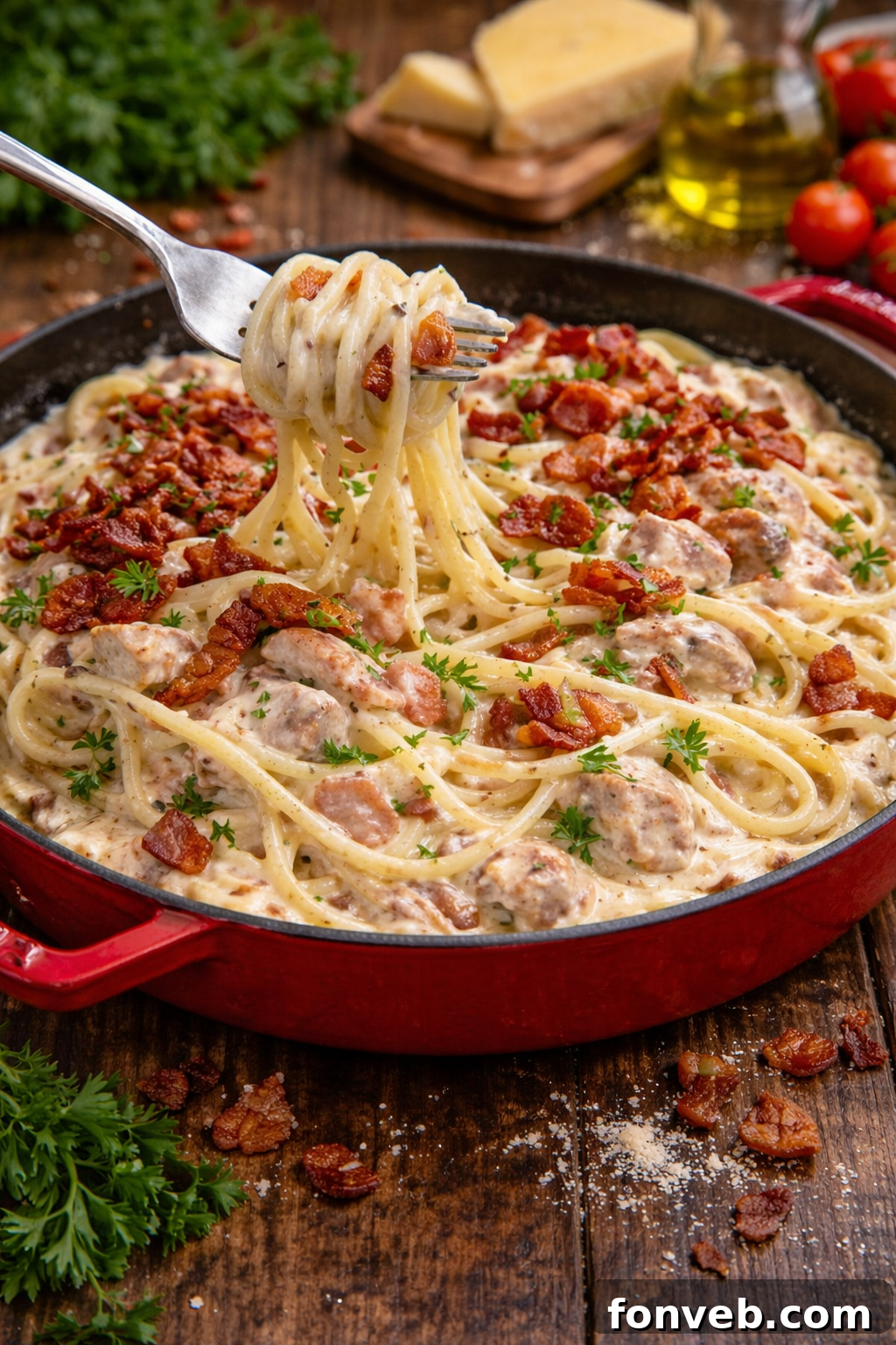 Creamy Bacon Carbonara with Chicken served in a vibrant red skillet, with a fork digging into the rich pasta.