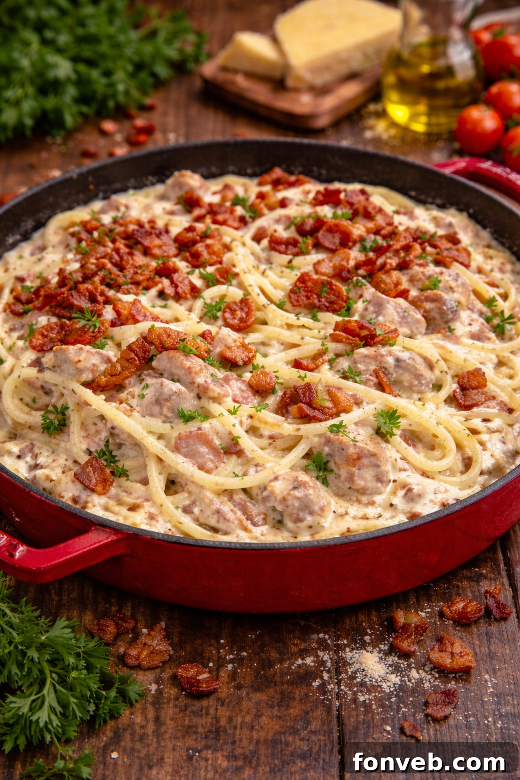 A vibrant red skillet filled with Creamy Bacon Carbonara with Chicken, artfully arranged and ready for the table.
