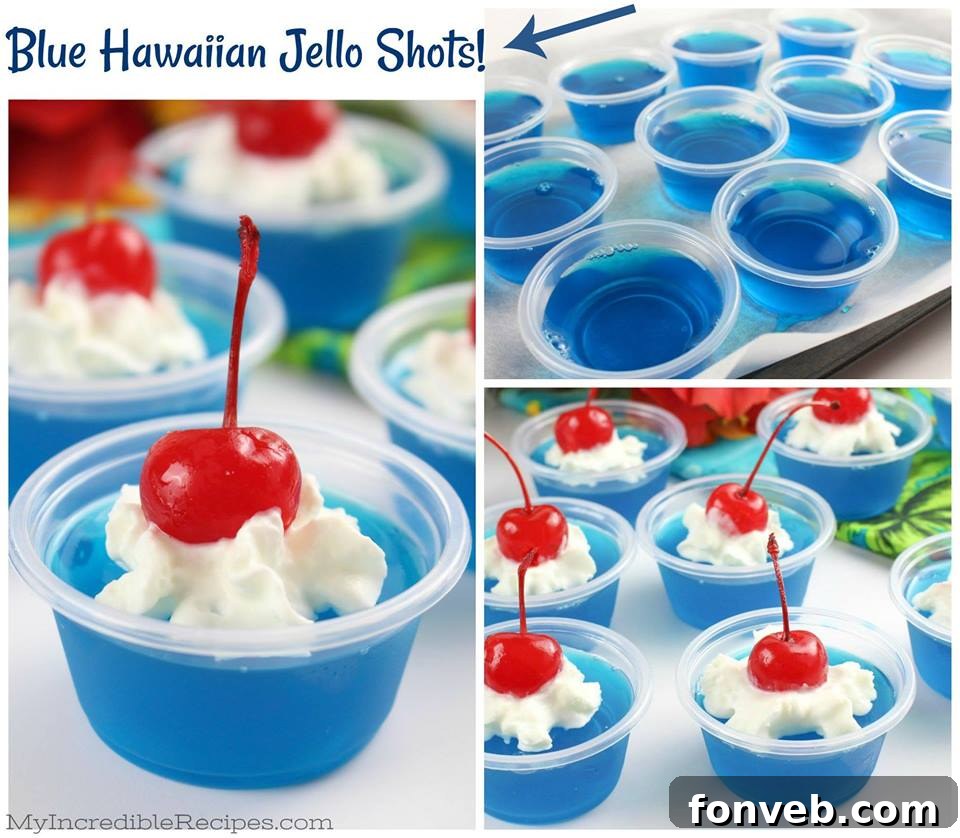A beautifully arranged serving of Blue Hawaiian Jello Shots in small plastic cups, garnished with whipped cream and maraschino cherries, ready for a party.