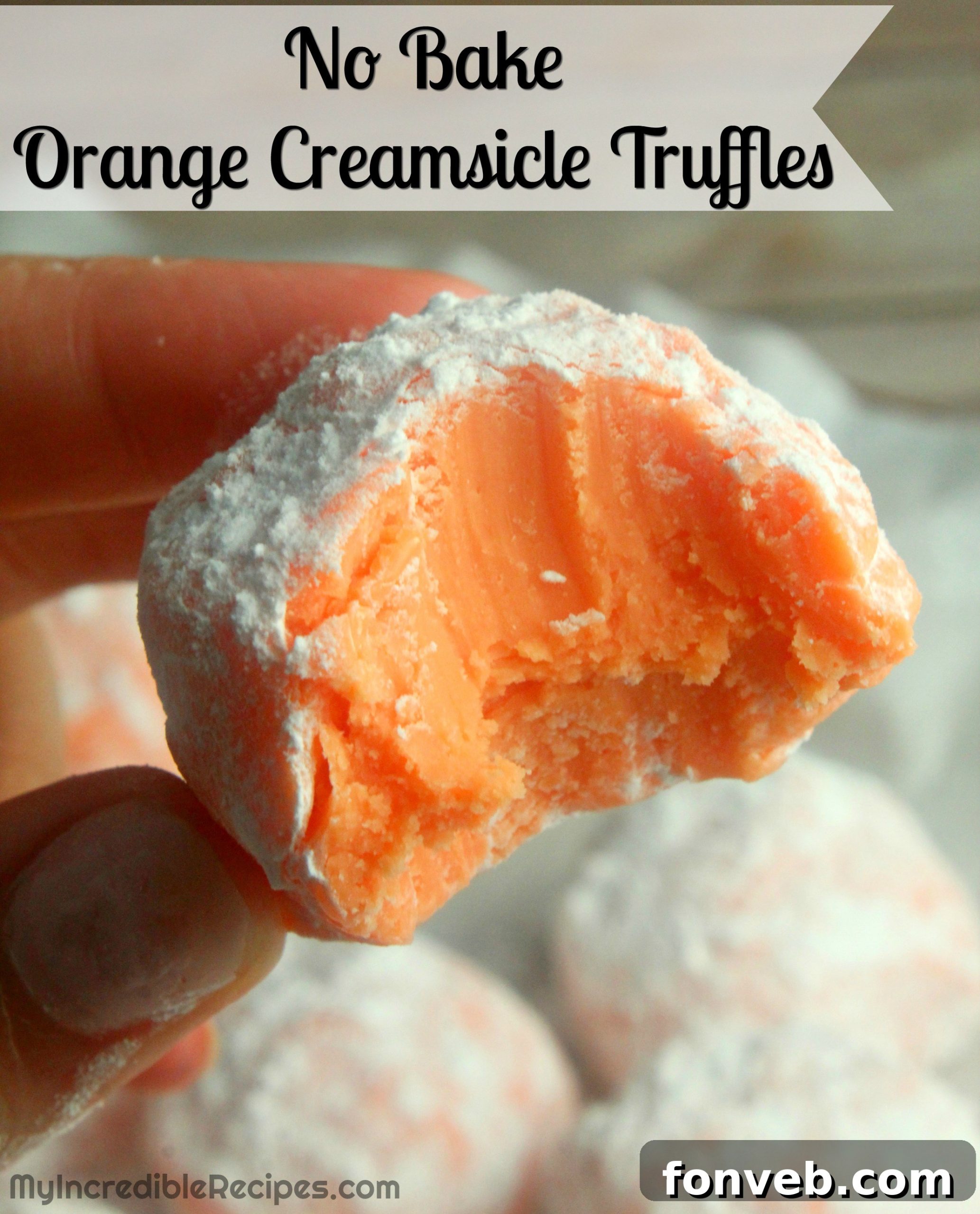 Sunny Orange Creamsicle No Bake Bites 2 Plate of homemade no-bake orange creamsicle truffles, dusted with powdered sugar, ready to be served.