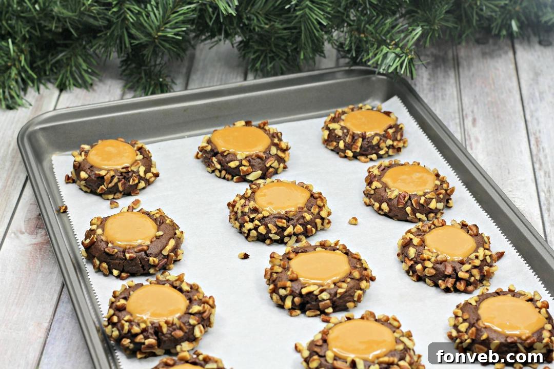 Chewy Turtle Thumbprint Delights 6 Finished Turtle Thumbprint Cookies, showcasing melted caramel and crunchy pecans.