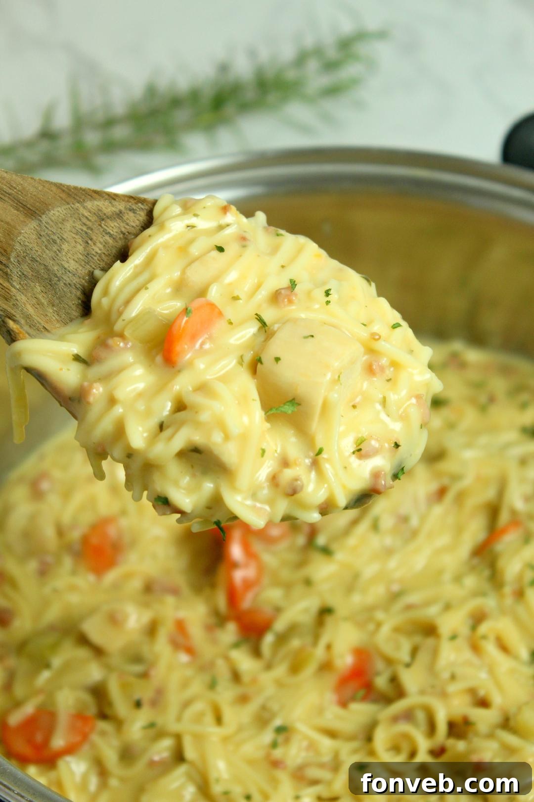Irresistibly Creamy Chicken Noodle Soup 11 A wooden spoon lifting a scoop of Crack Chicken Noodle Soup from a bowl