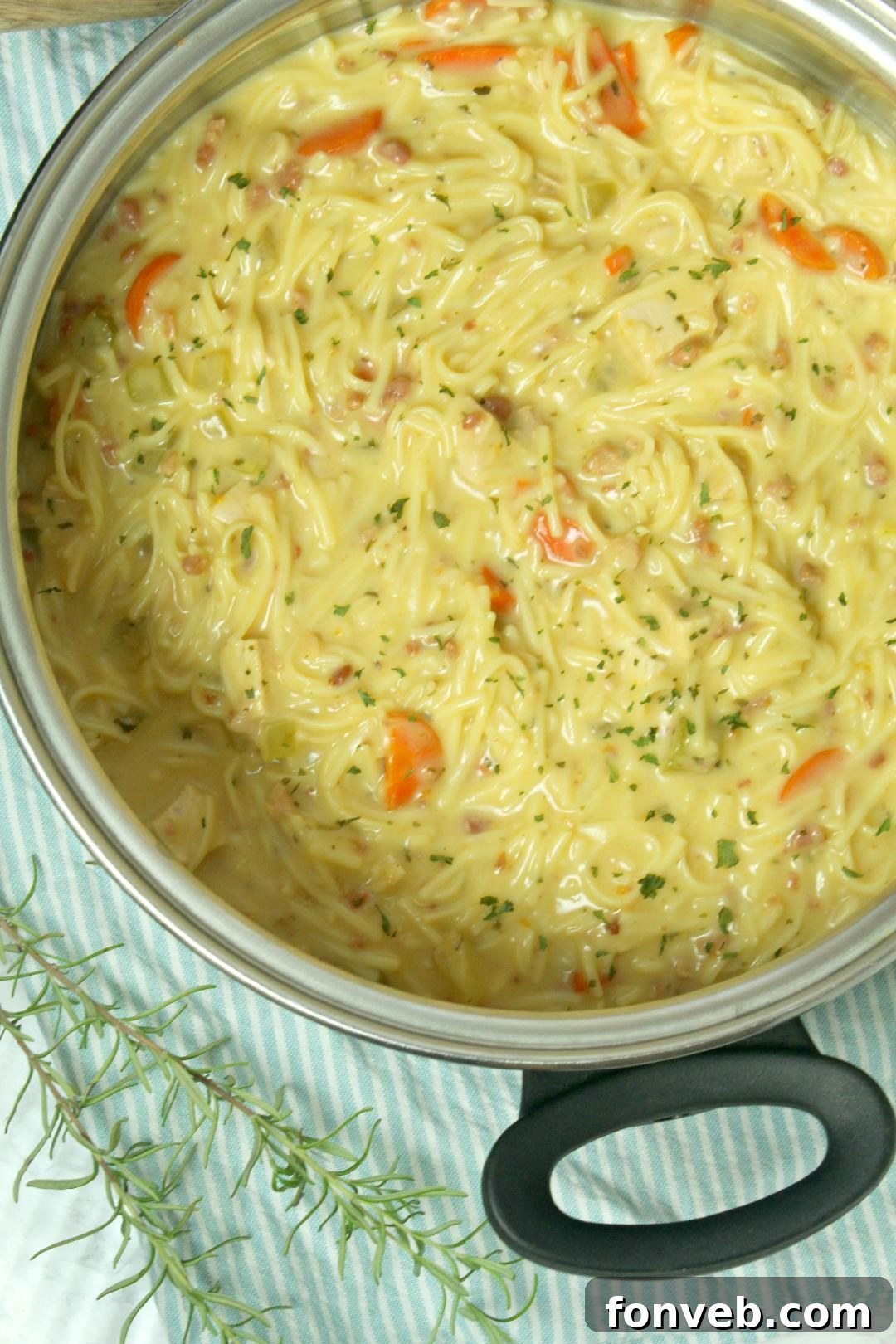 Irresistibly Creamy Chicken Noodle Soup 10 Bowl of Crack Chicken Noodle Soup garnished with fresh herbs, held by hands